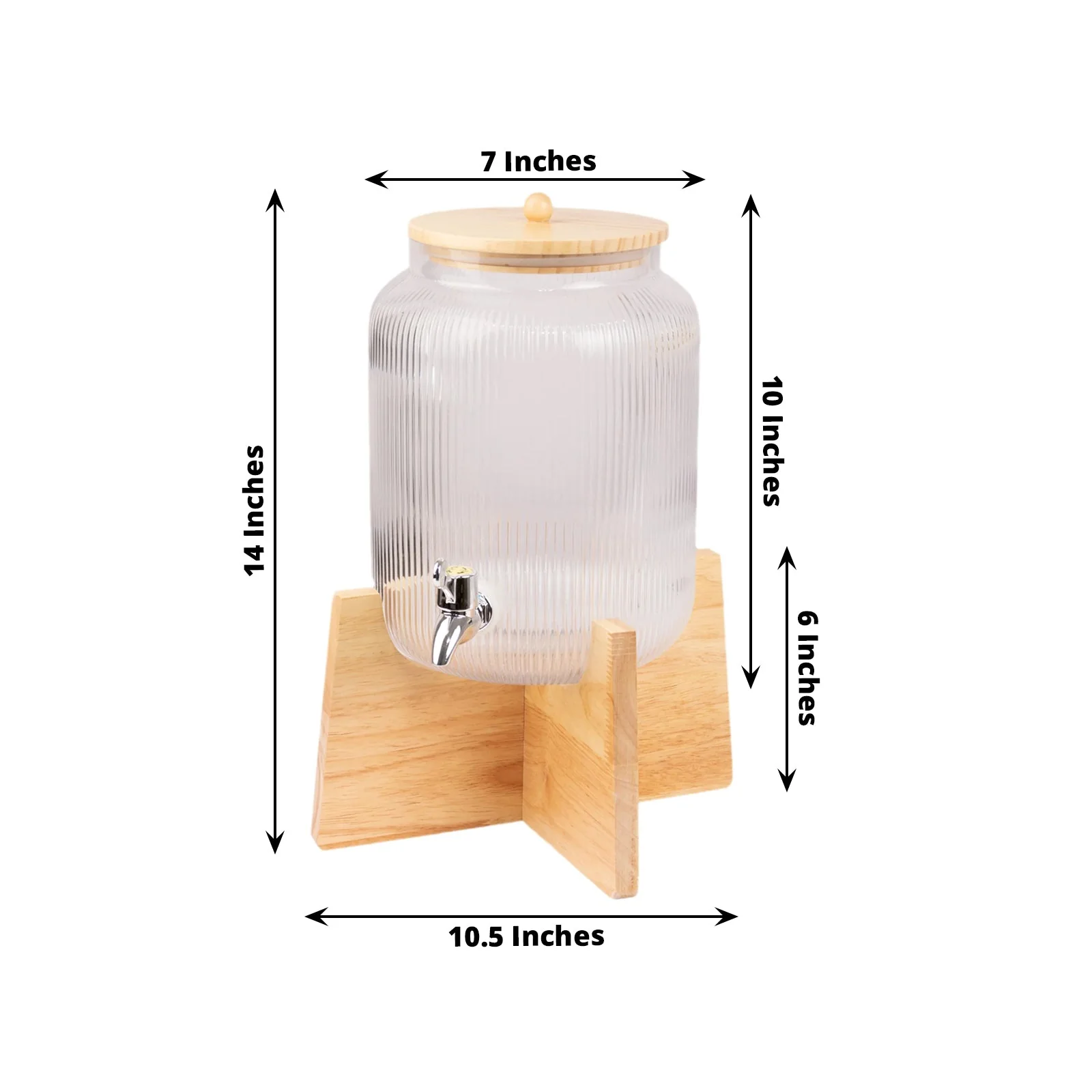 1 Gallon Clear Ribbed Glass Beverage Dispenser with Spigot 14", Wooden Stand and Lid Round Juice Jar - Lead-Free Countertop Feature - Image 2