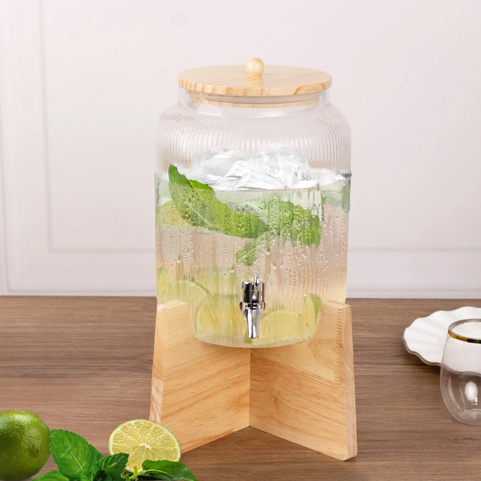 1 Gallon Clear Ribbed Glass Beverage Dispenser with Spigot 14", Wooden Stand and Lid Round Juice Jar - Lead-Free Countertop Feature - Image 3