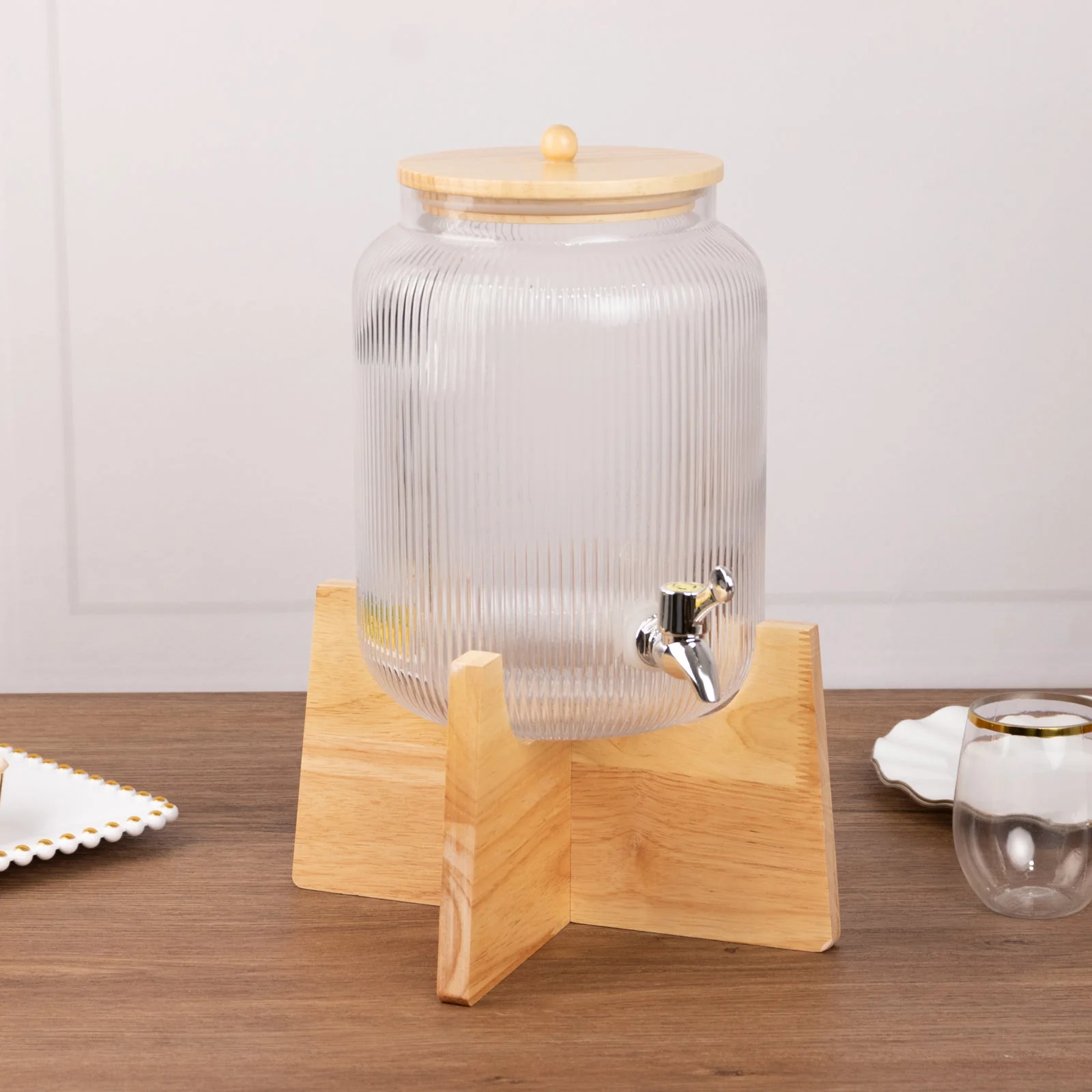 1 Gallon Clear Ribbed Glass Beverage Dispenser with Spigot 14", Wooden Stand and Lid Round Juice Jar - Lead-Free Countertop Feature - Image 4