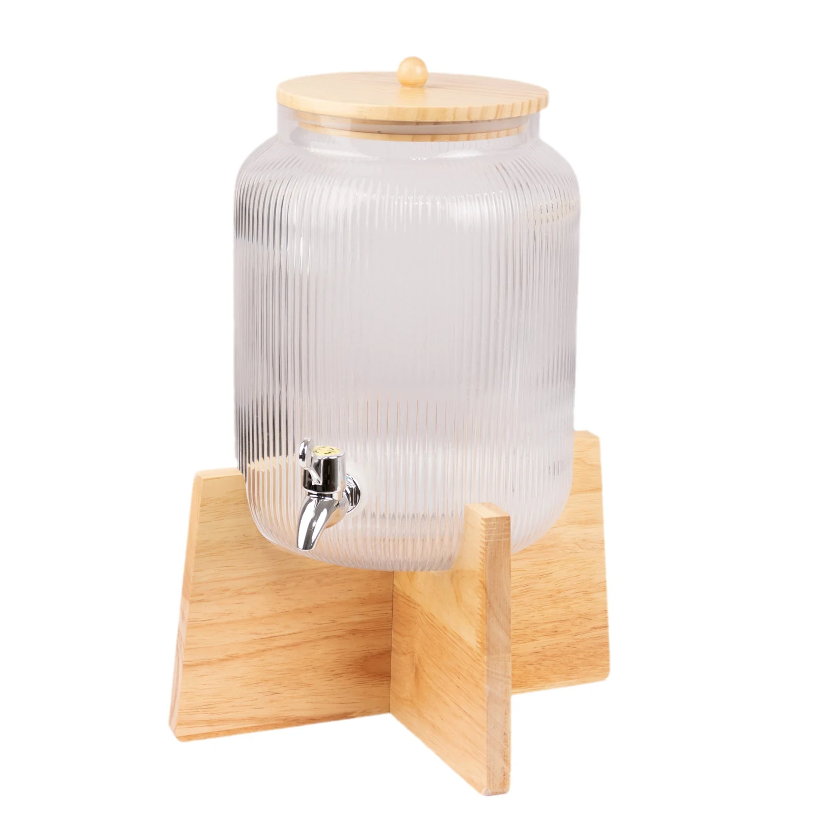 1 Gallon Clear Ribbed Glass Beverage Dispenser with Spigot 14", Wooden Stand and Lid Round Juice Jar - Lead-Free Countertop Feature - Image 5