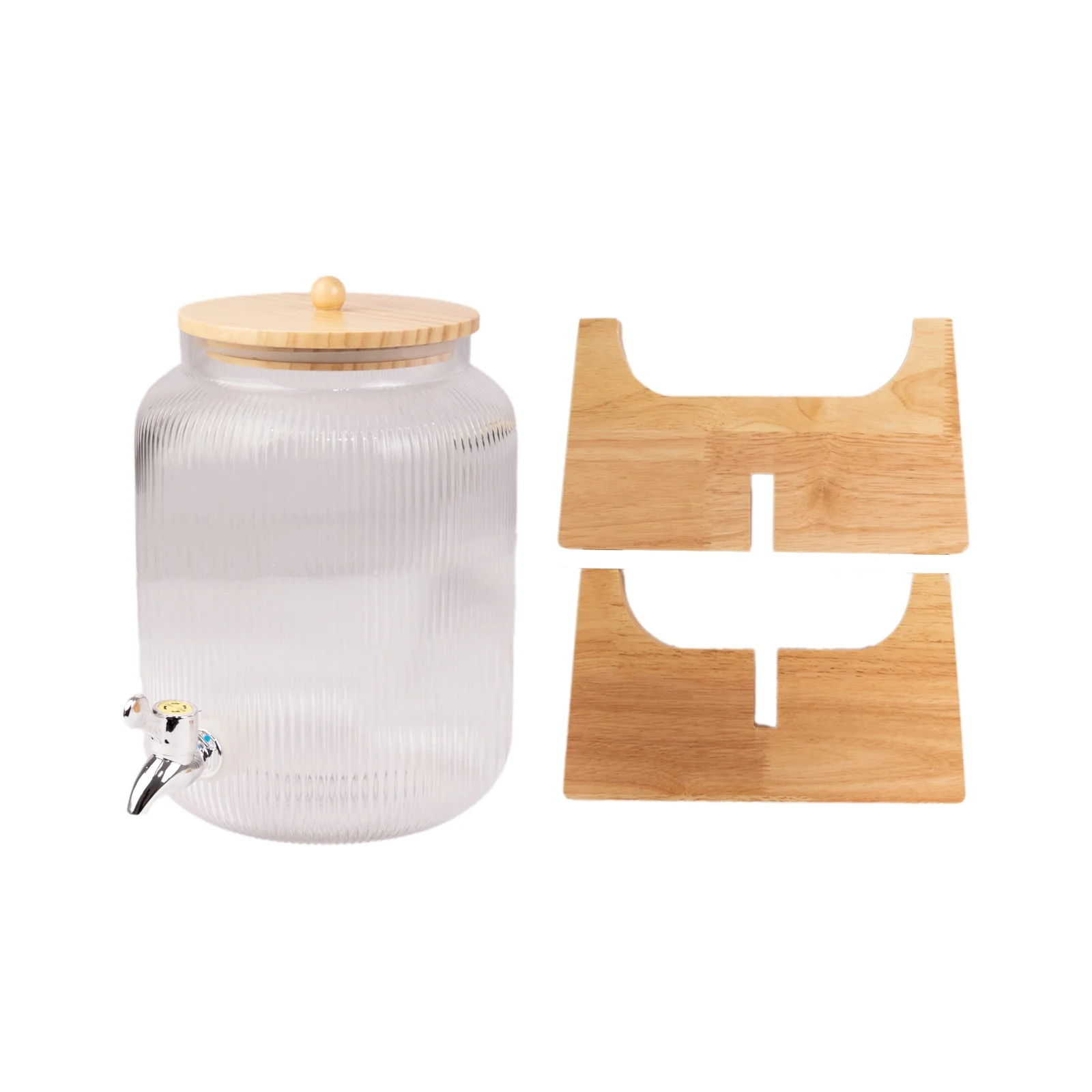 1 Gallon Clear Ribbed Glass Beverage Dispenser with Spigot 14", Wooden Stand and Lid Round Juice Jar - Lead-Free Countertop Feature - Image 8