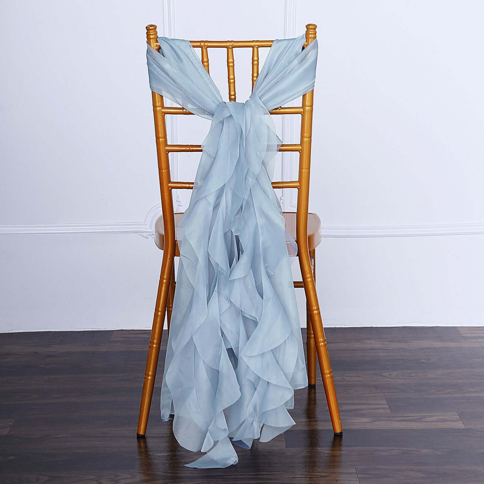 1 Set Chiffon Hoods Chair Sashes with Willow Ruffles Dusty Blue - Graceful Decorative Accent - Image 2
