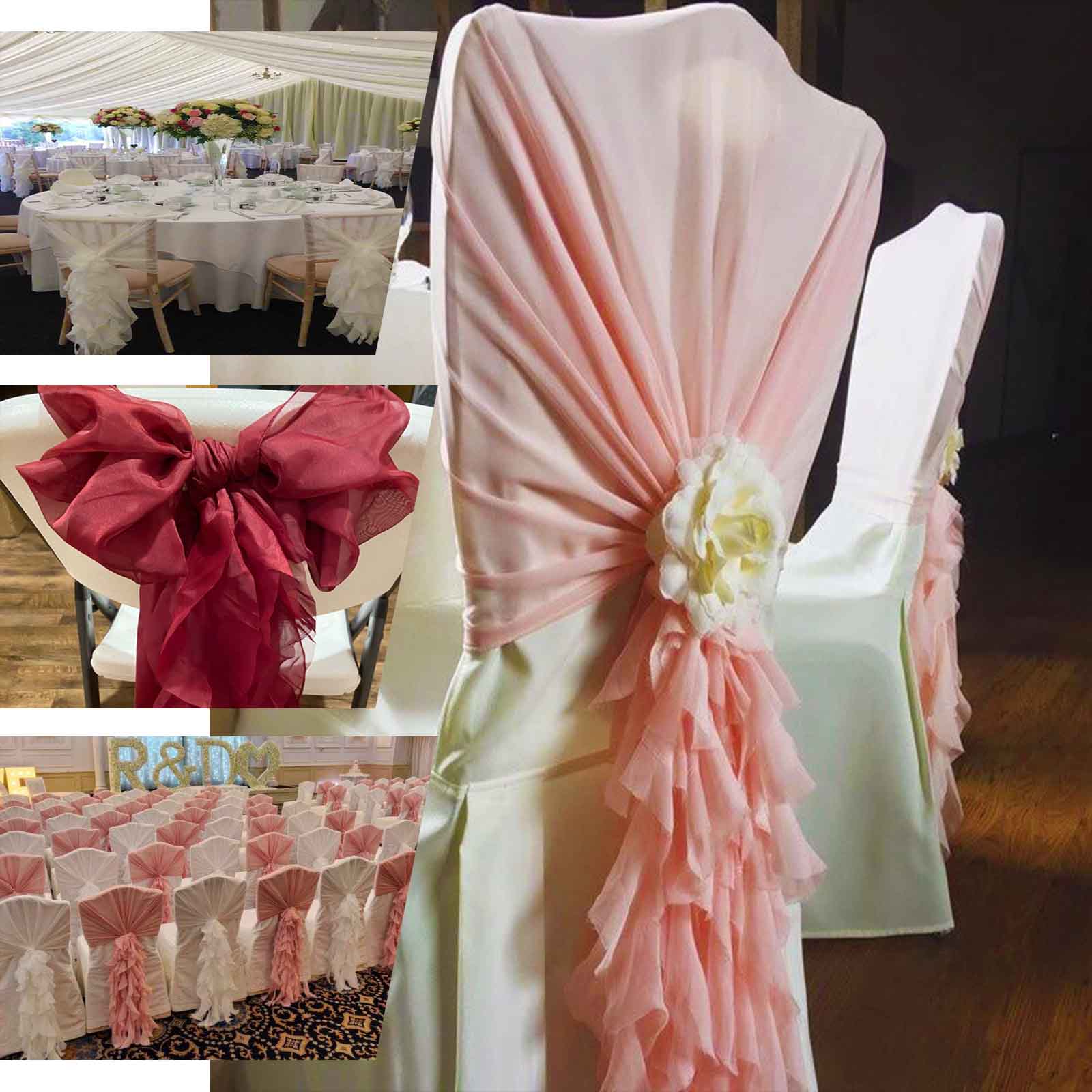 1 Set Chiffon Hoods Chair Sashes with Willow Ruffles Dusty Blue - Graceful Decorative Accent - Image 5