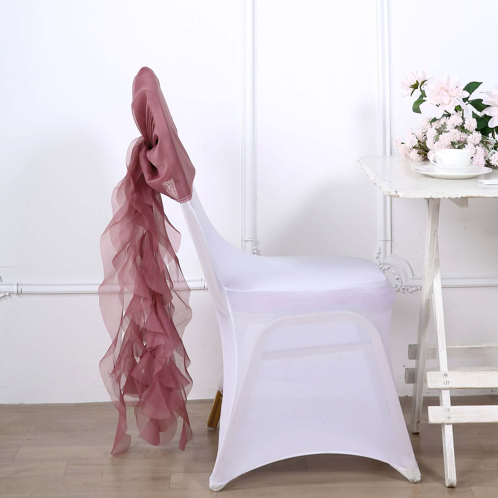 1 Set Chiffon Hoods Chair Sashes with Willow Ruffles Mauve/Cinnamon Rose - Graceful Decorative Accent - Image 3