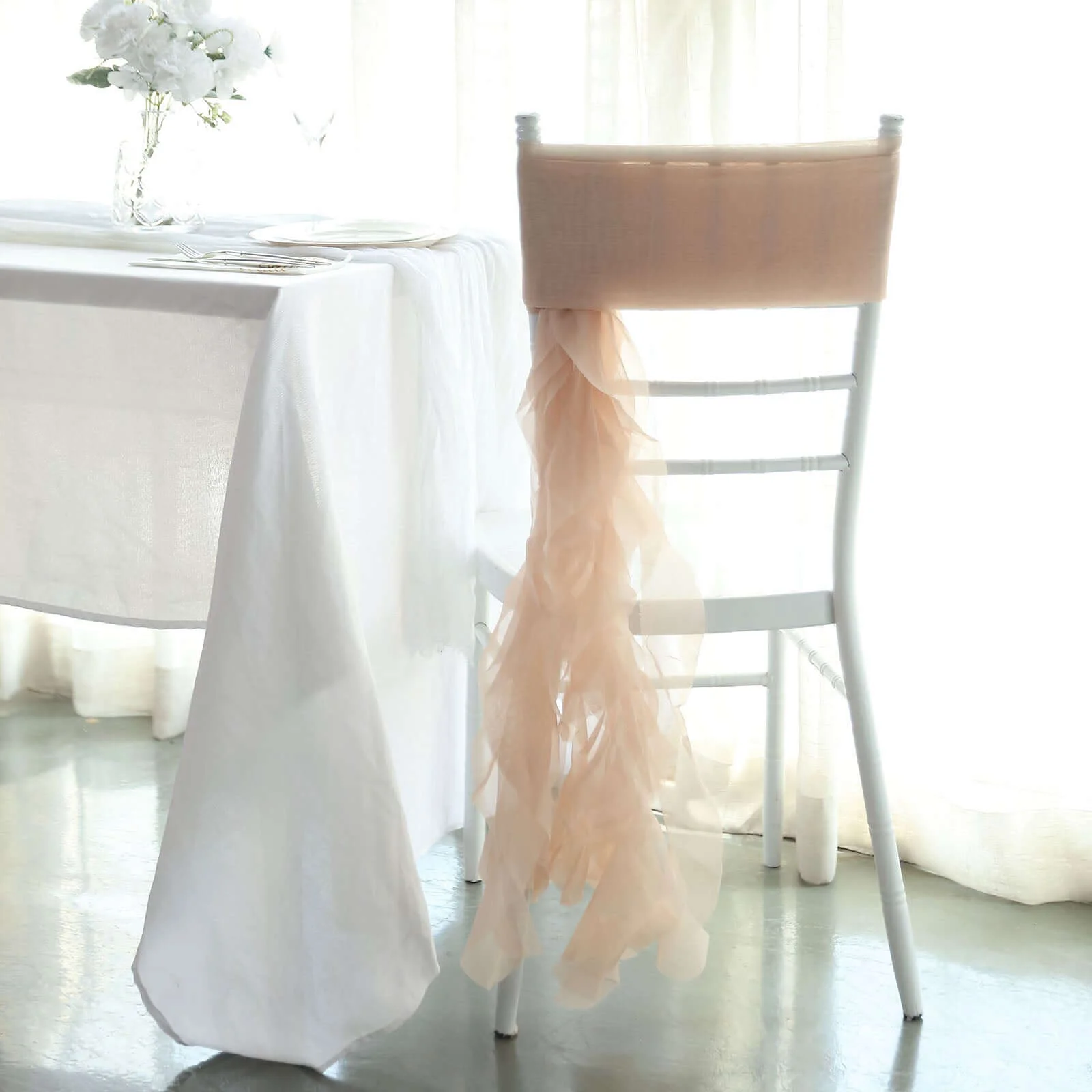 1 Set Chiffon Hoods Chair Sashes with Willow Ruffles Nude - Graceful Decorative Accent - Image 5