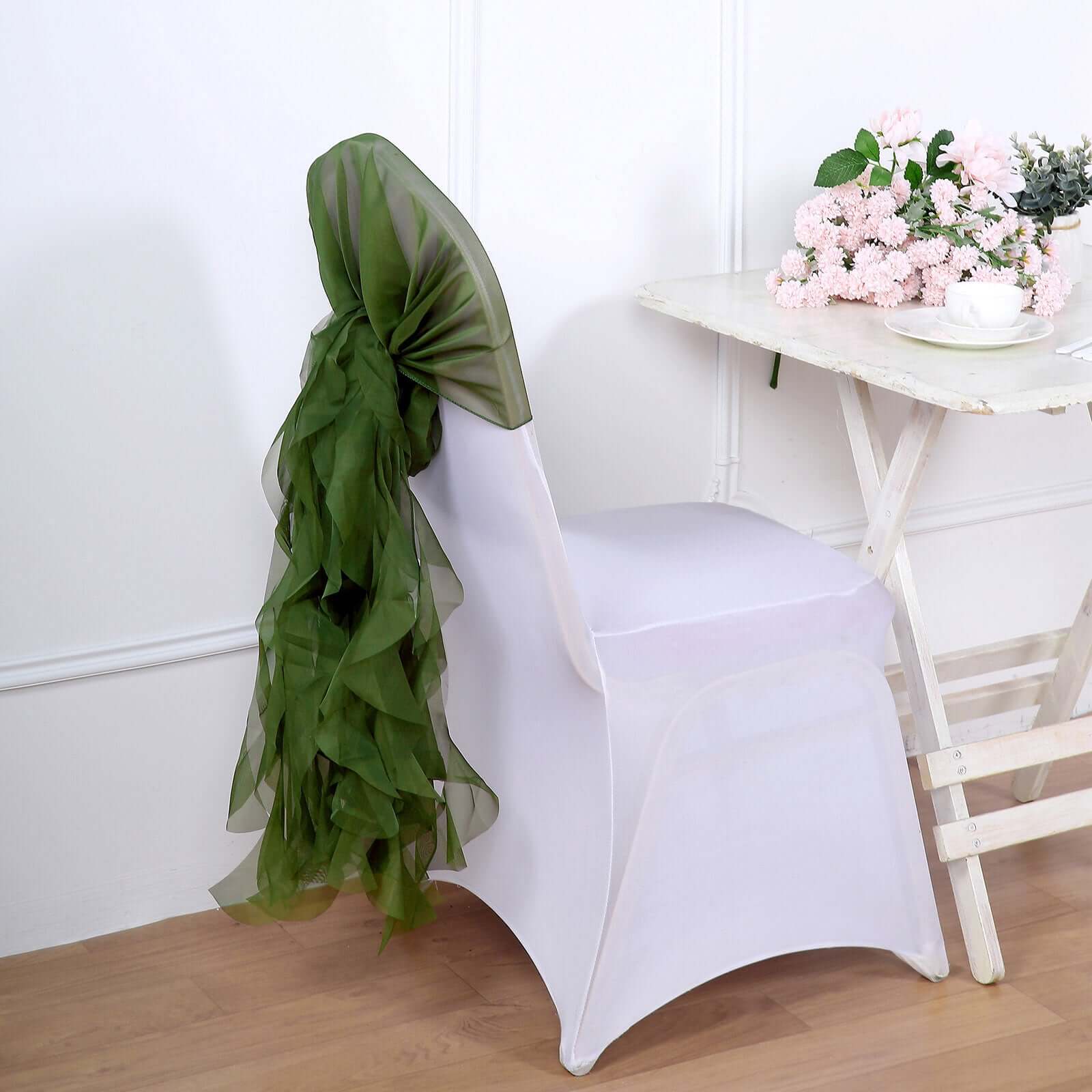 1 Set Chiffon Hoods Chair Sashes with Willow Ruffles Olive Green - Graceful Decorative Accent - Image 6