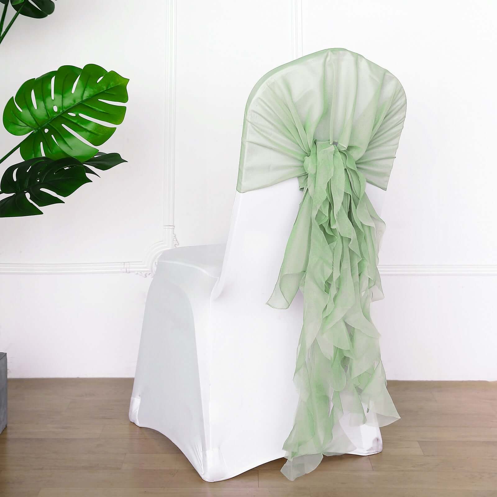 1 Set Chiffon Hoods Chair Sashes with Willow Ruffles Sage Green - Graceful Decorative Accent
