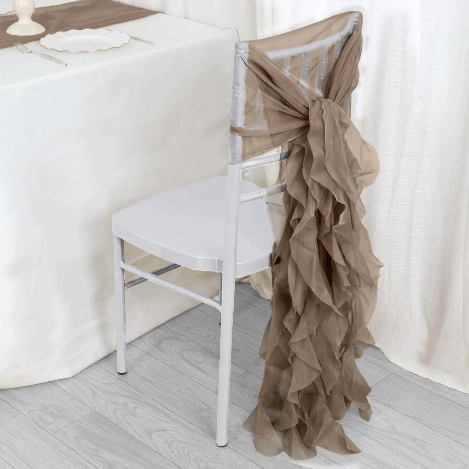 1 Set Chiffon Hoods Chair Sashes with Willow Ruffles Taupe - Graceful Decorative Accent - Image 6