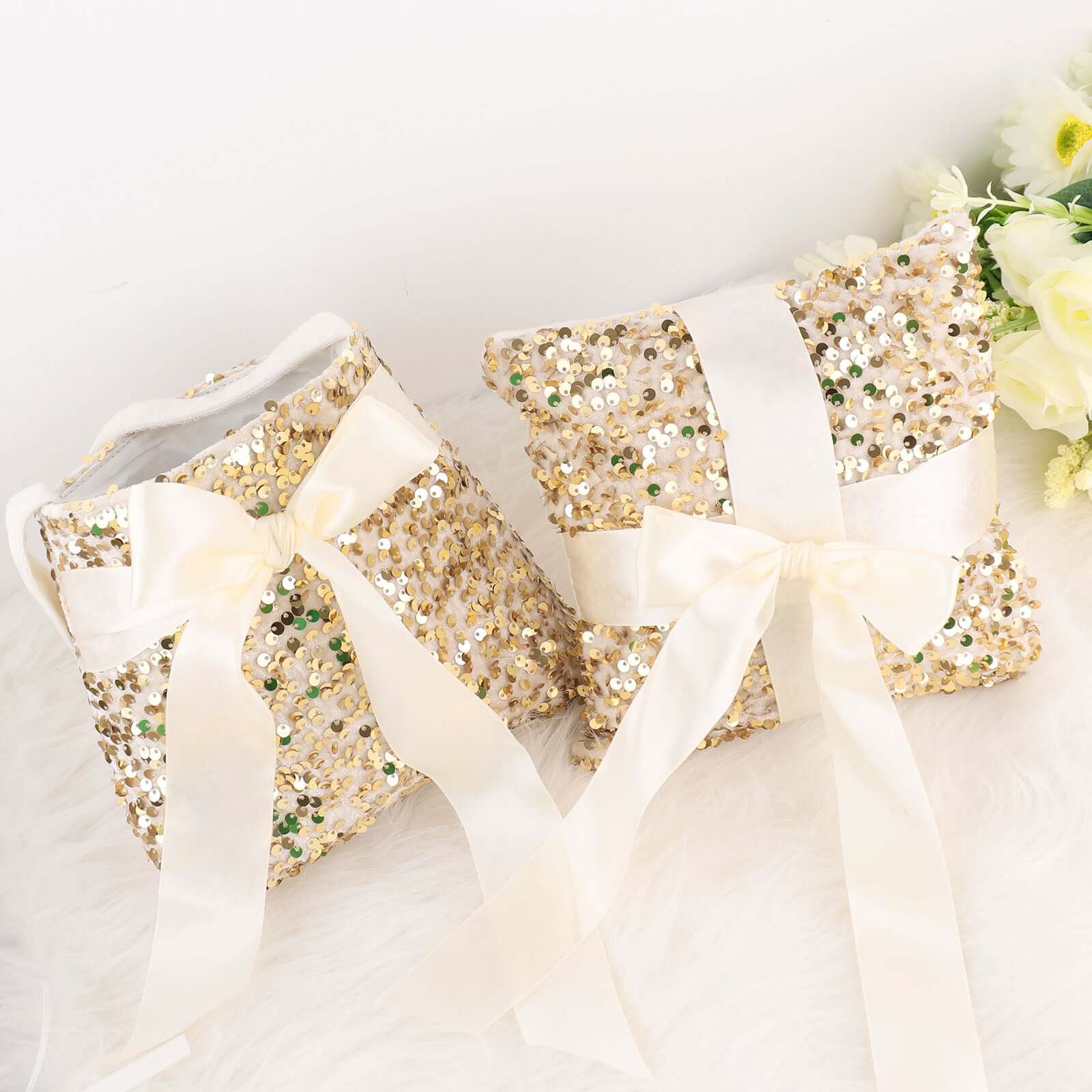 1 Set Gold Sequin Flower Girl Petal Basket and Ring Bearer Pillow Wedding Set - Image 12