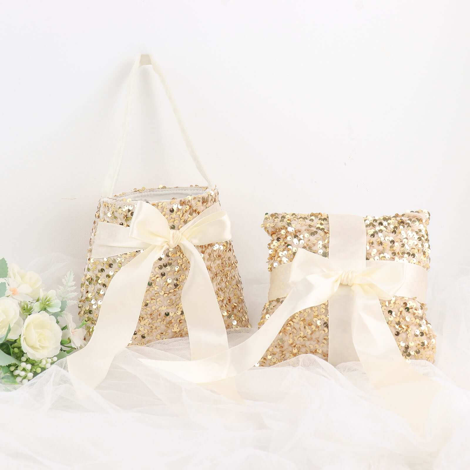 1 Set Gold Sequin Flower Girl Petal Basket and Ring Bearer Pillow Wedding Set - Image 2