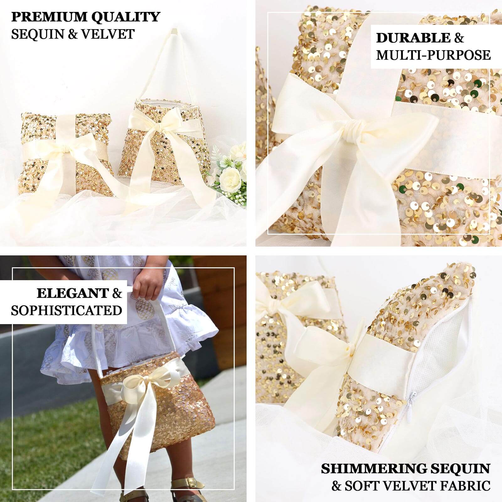 1 Set Gold Sequin Flower Girl Petal Basket and Ring Bearer Pillow Wedding Set - Image 4