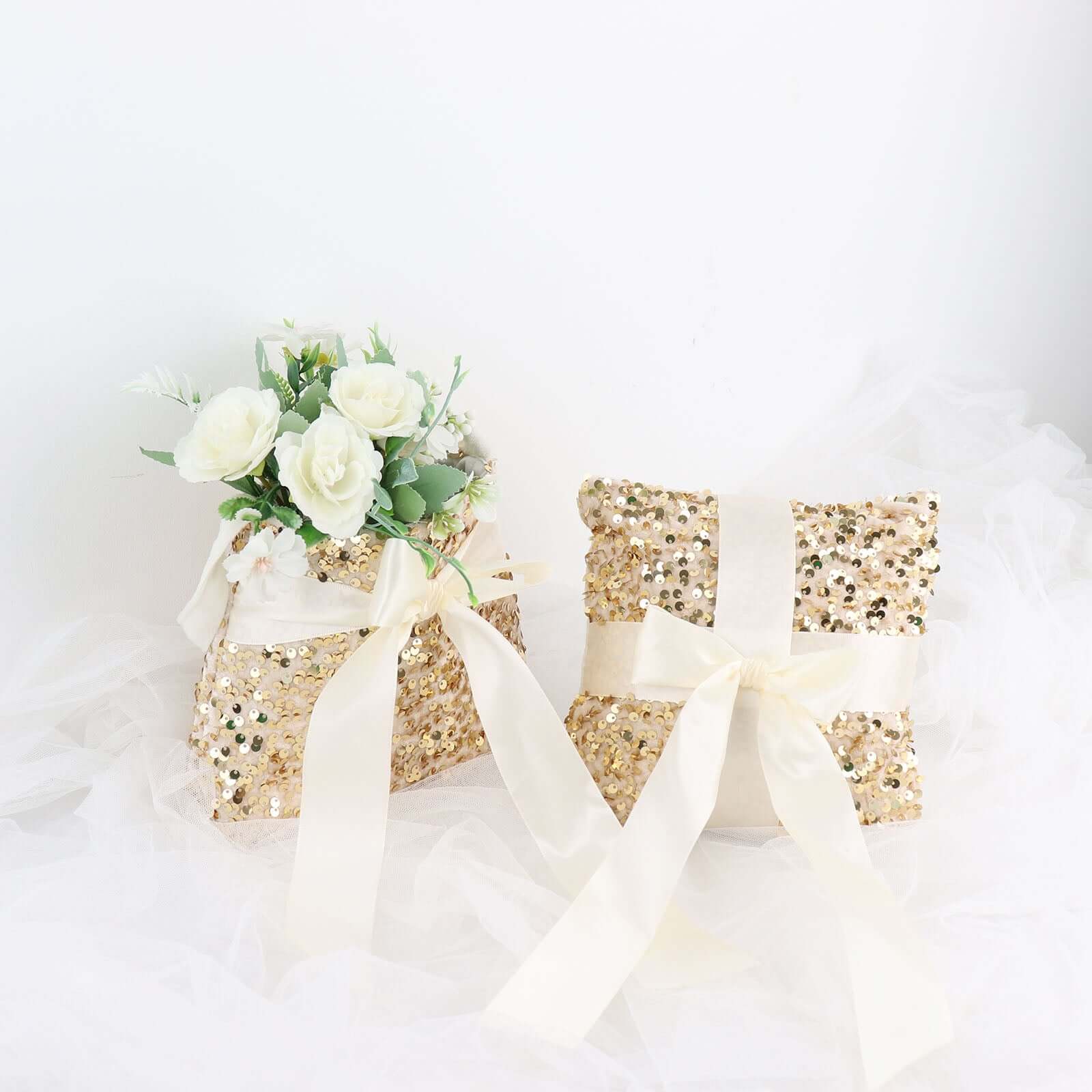 1 Set Gold Sequin Flower Girl Petal Basket and Ring Bearer Pillow Wedding Set - Image 8