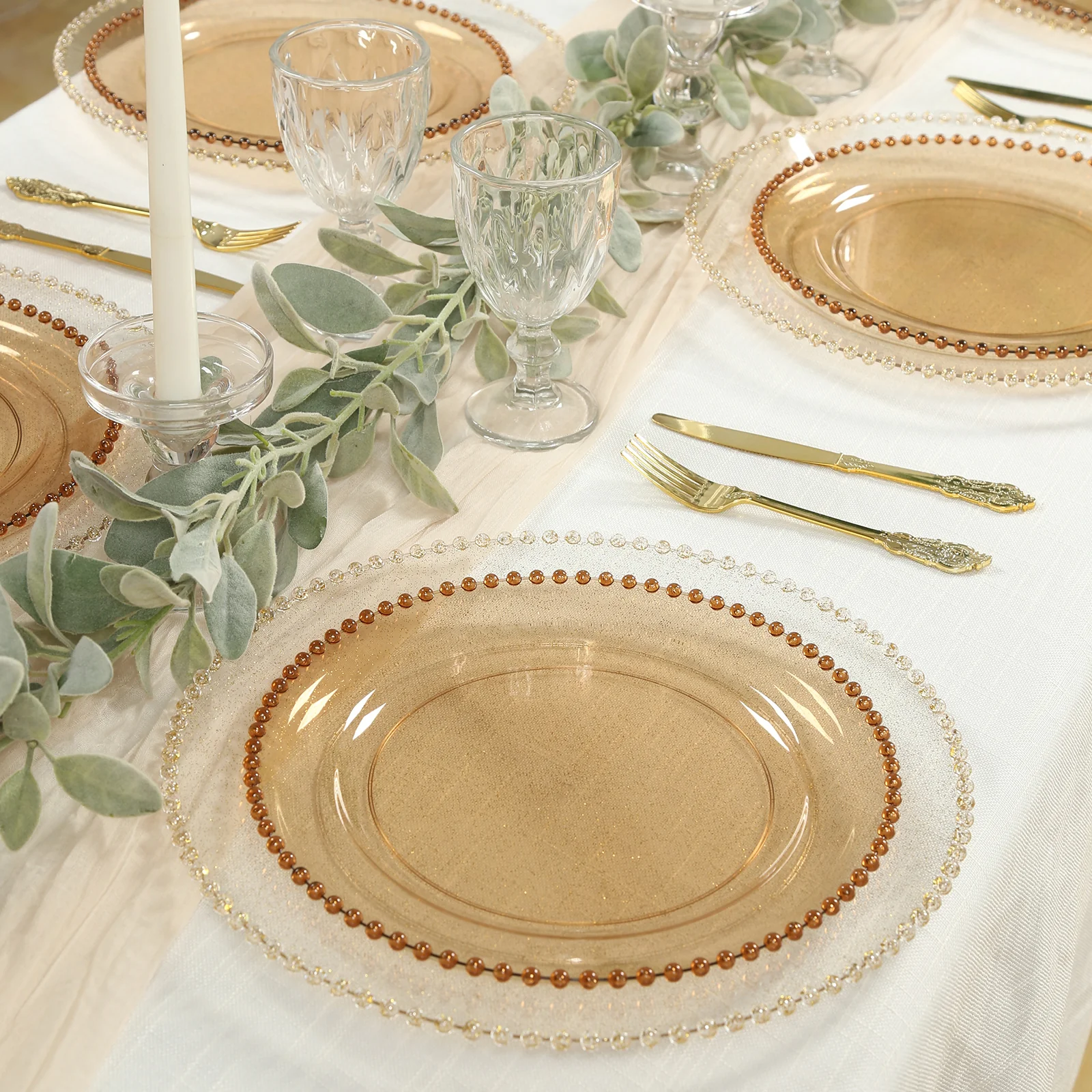 10-Pack Plastic Round Dinner Plates 10" Amber Gold with Beaded Rim - Disposable Party Plates for Stylish Gatherings & Celebrations