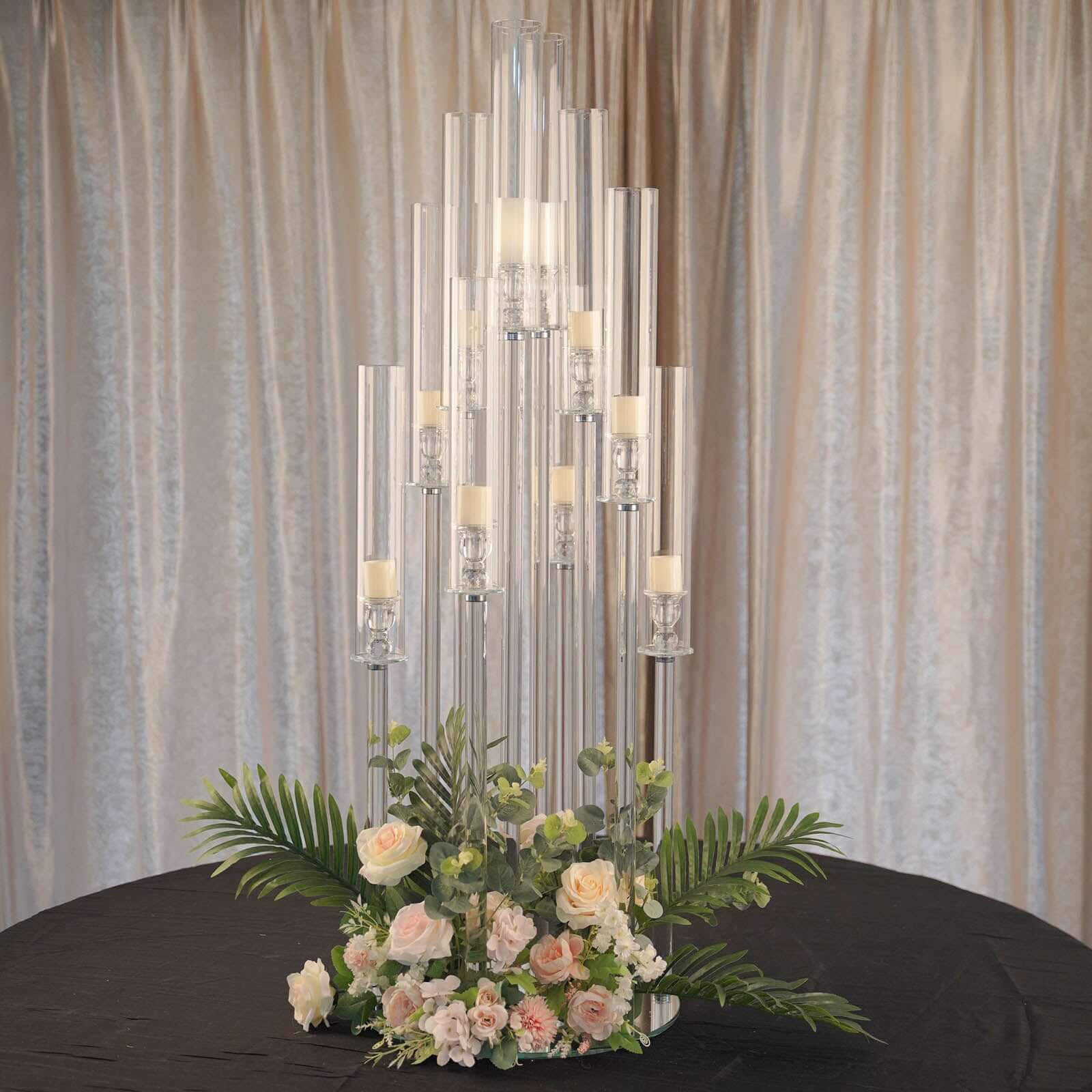10-Arm Crystal Cluster Taper Candelabra Round Design with Mirror Base 47" Clear - Radiant Candle Holder Table Centerpiece for Votive & Pillar Candles - Image 2