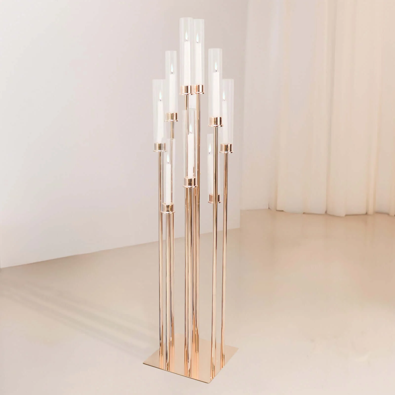 10-Arm Gold Cluster Taper Candle Holder with Clear Glass Shades 50" - Stylish Large Candle Arrangement for Events