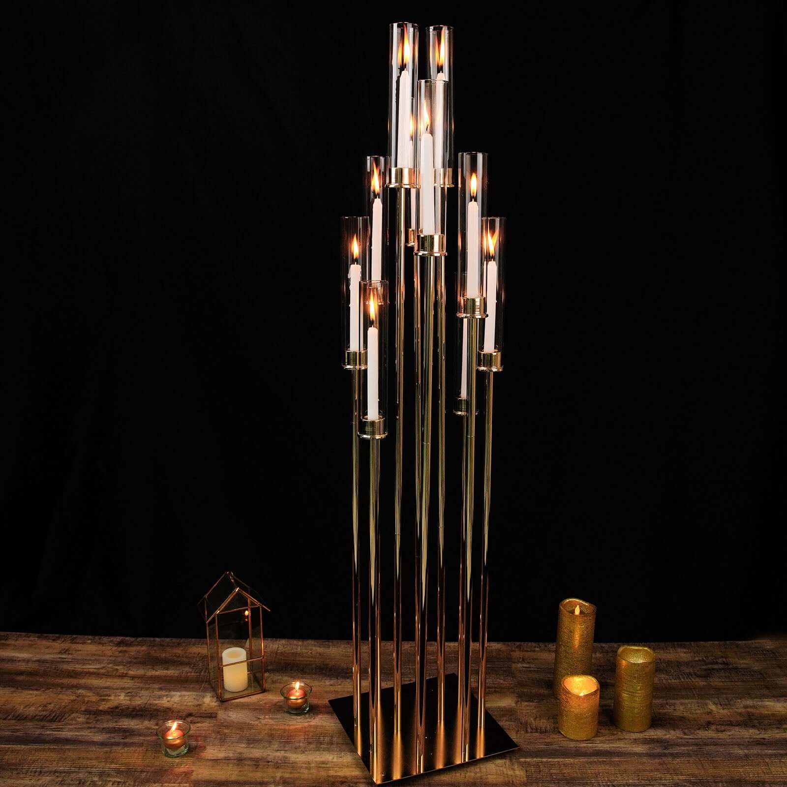 10-Arm Gold Cluster Taper Candle Holder with Clear Glass Shades 50" - Stylish Large Candle Arrangement for Events - Image 2