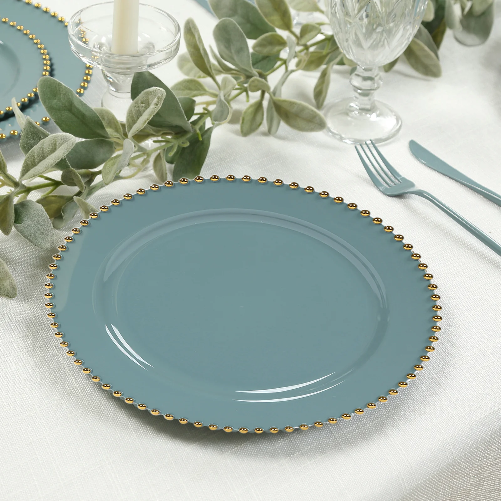 10-Pack Plastic Round Dinner Plates 10" Dusty Blue with Gold Beaded Rim - Disposable Party Plates for Stylish Gatherings & Celebrations