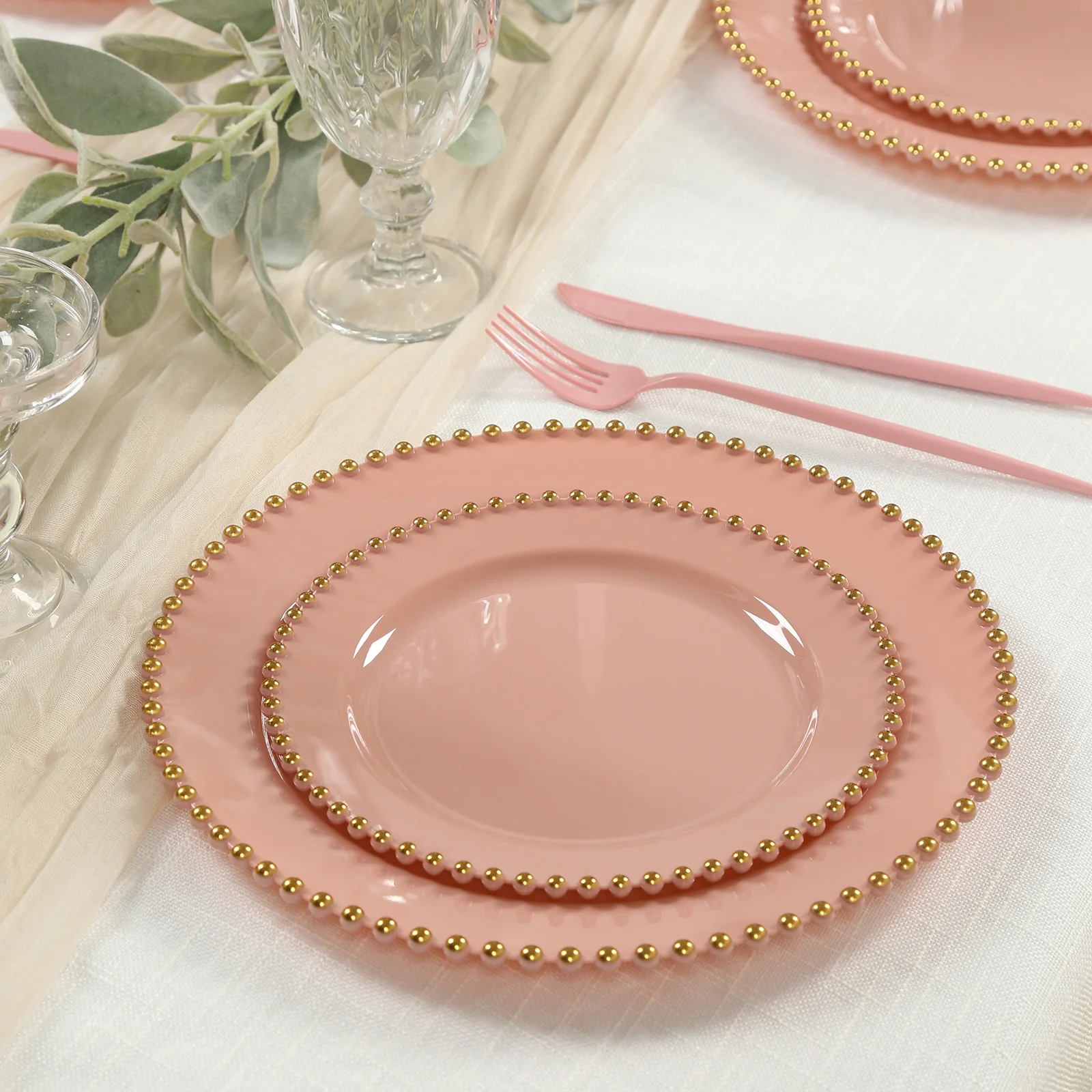 10-Pack Plastic Round Dinner Plates 10" Dusty Rose with Gold Beaded Rim - Disposable Party Plates for Stylish Gatherings & Celebrations - Image 7
