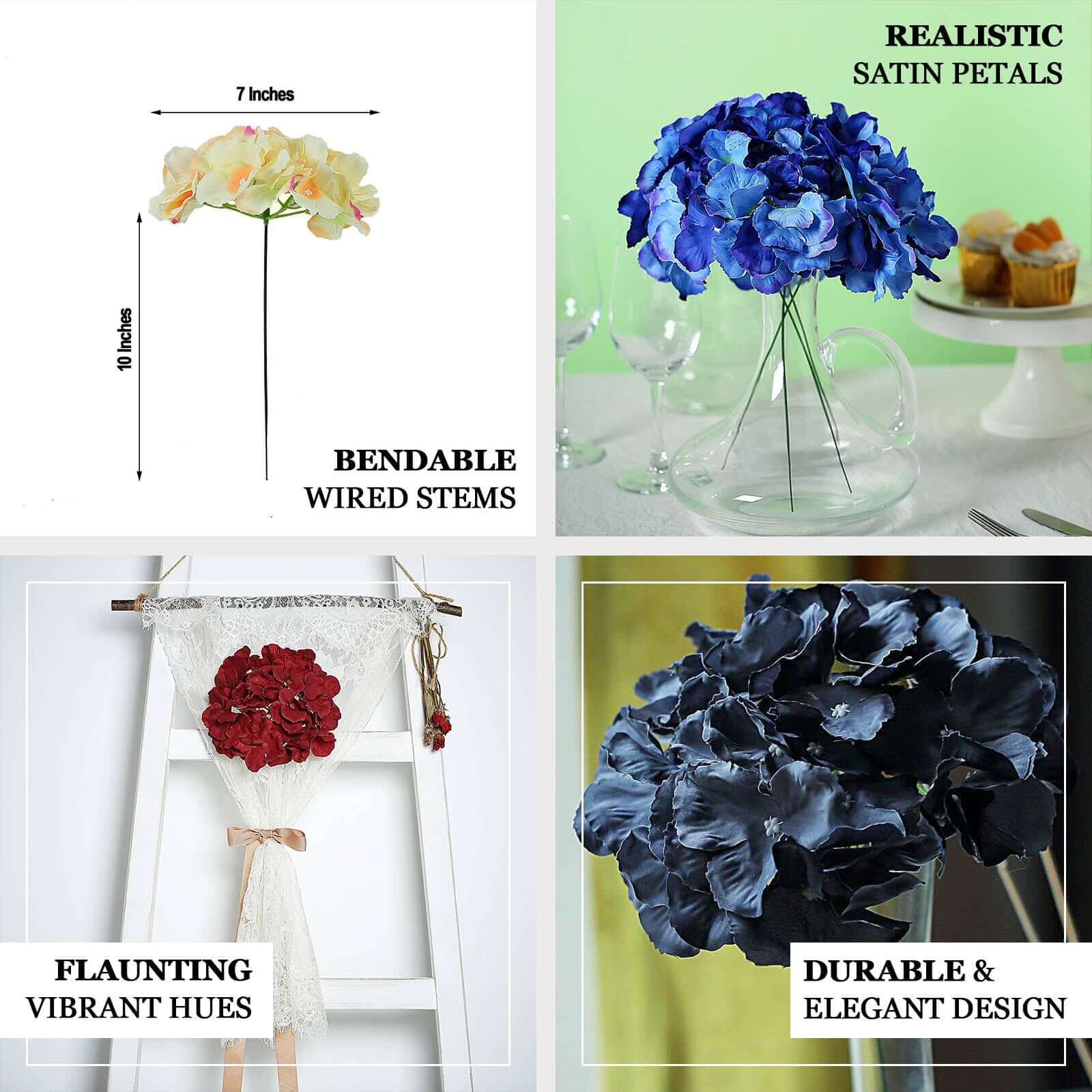 10 Flower Head and Stems Burgundy Artificial Satin Hydrangeas, DIY Arrangement - Image 4