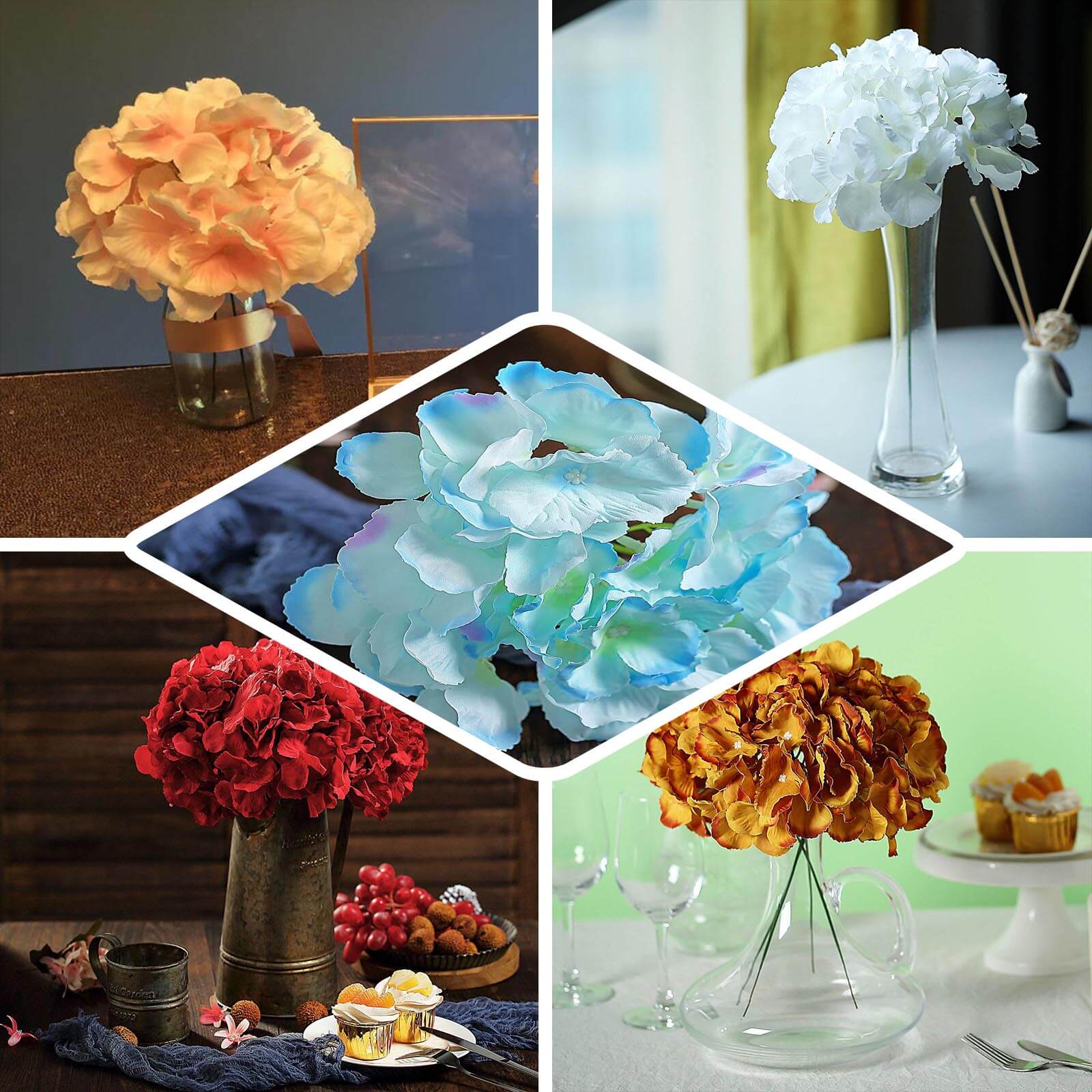 10 Flower Head and Stems Burgundy Artificial Satin Hydrangeas, DIY Arrangement - Image 5