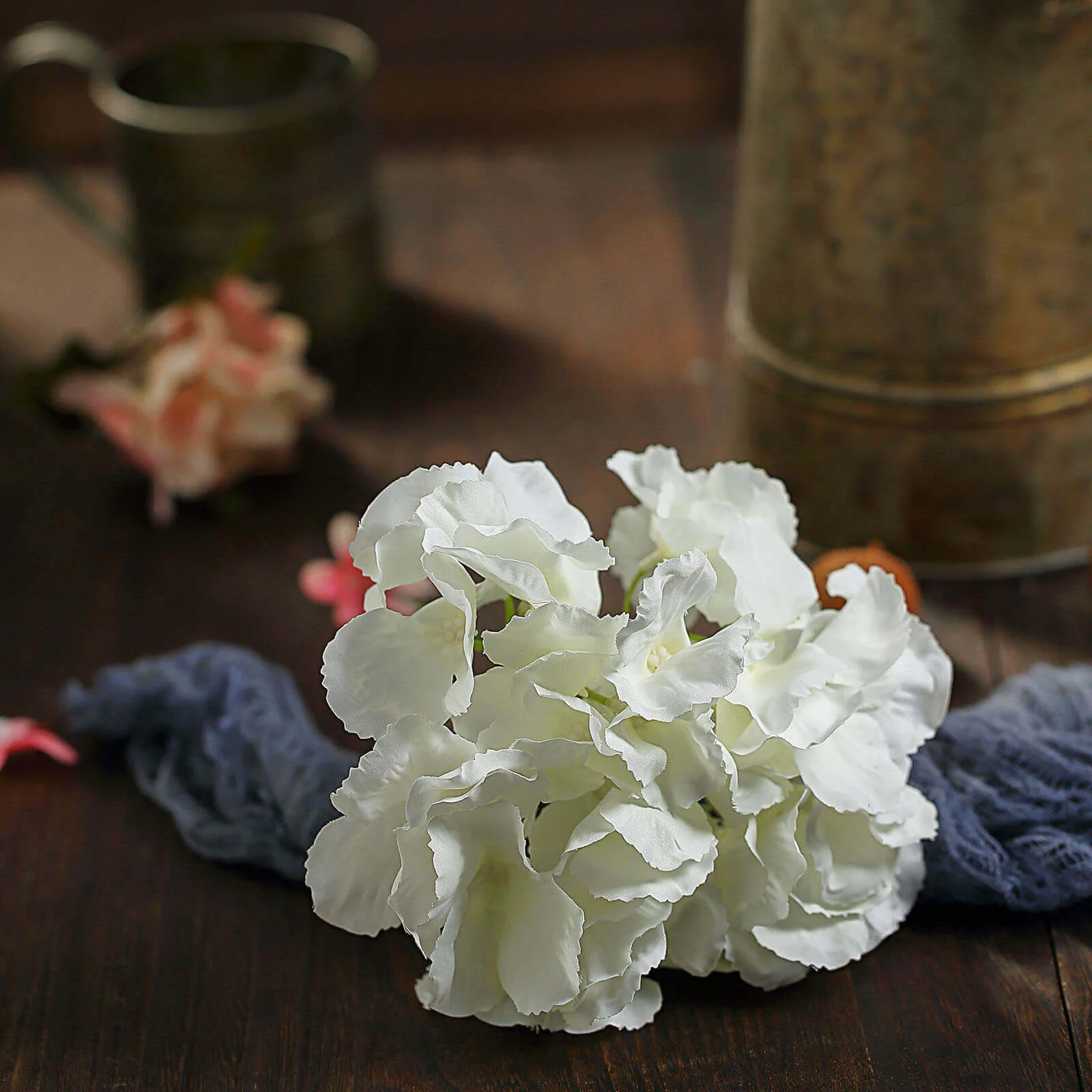 10 Flower Head and Stems Cream Artificial Satin Hydrangeas, DIY Arrangement - Image 6