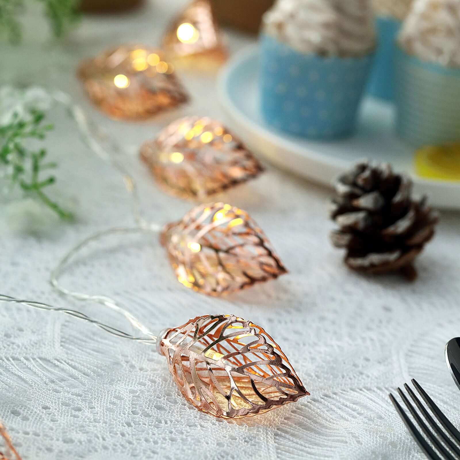 10 LED Rose Gold Leaves String Light Garland 5ft Warm White - Battery Operated Decorative Lighting - Image 2
