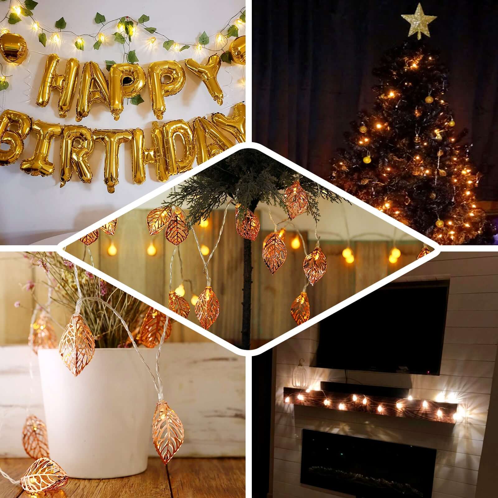 10 LED Rose Gold Leaves String Light Garland 5ft Warm White - Battery Operated Decorative Lighting - Image 5
