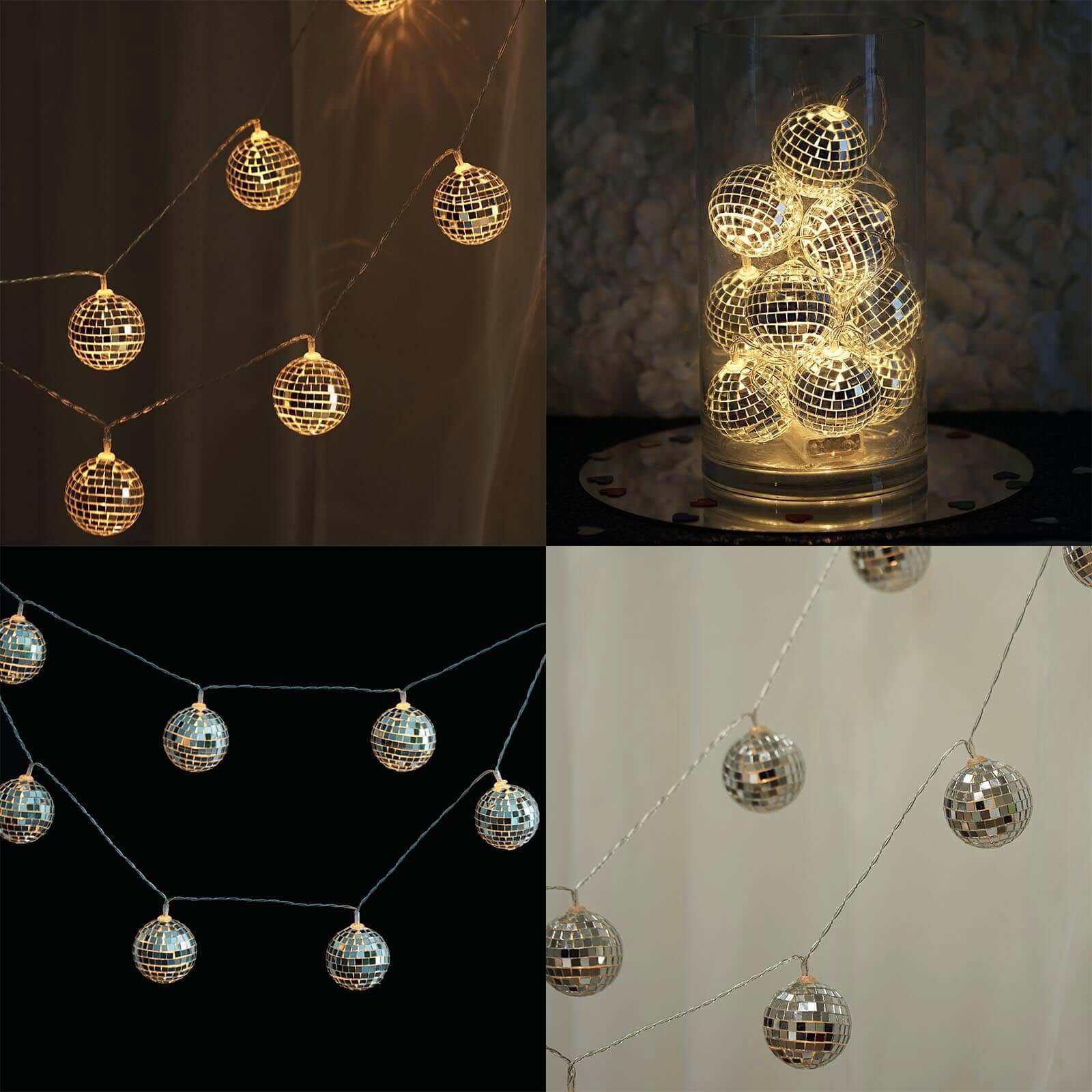 10 LED Silver Disco Mirror Ball String Light Garland 6ft Warm White - Battery Operated Accent Lights - Image 3