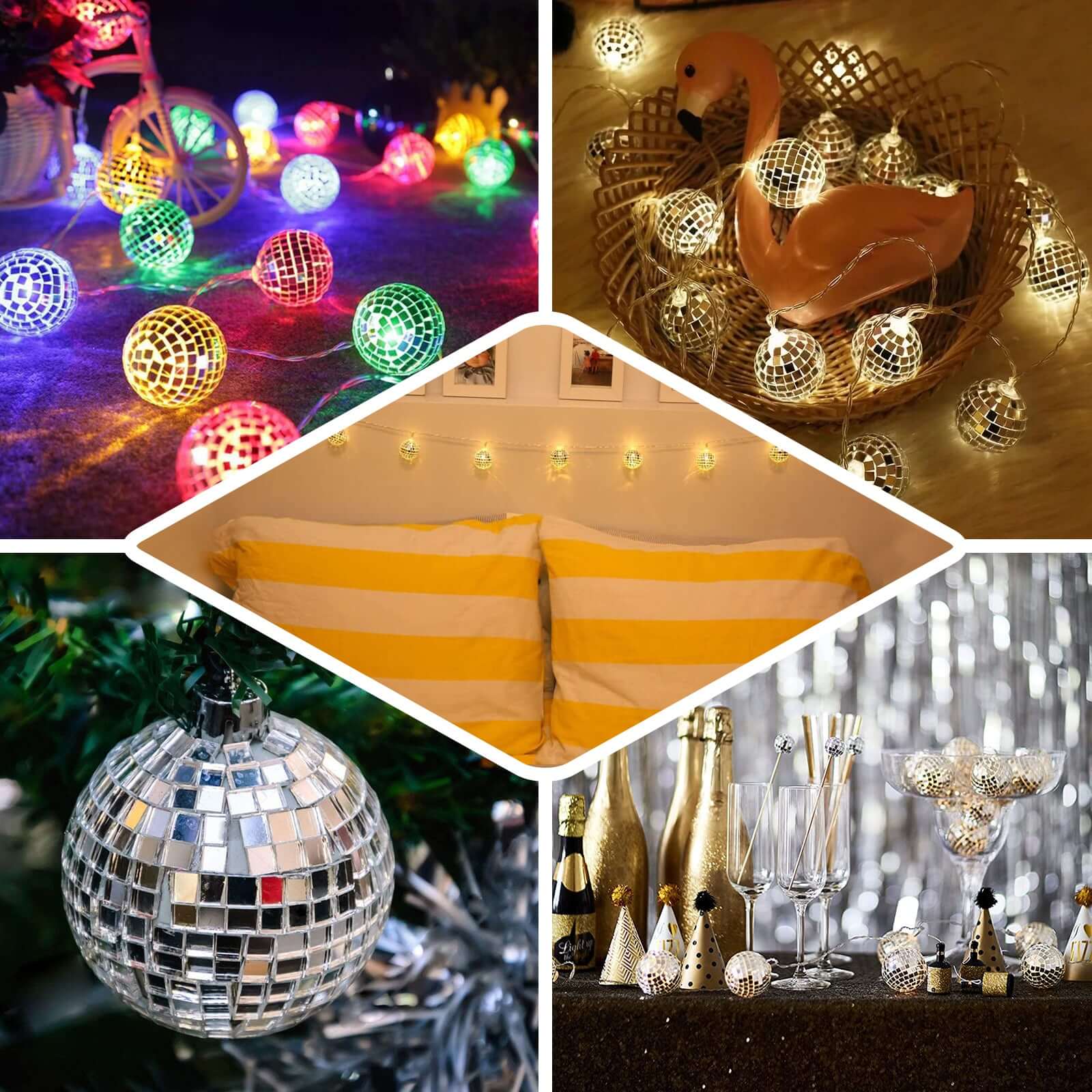 10 LED Silver Disco Mirror Ball String Light Garland 6ft Warm White - Battery Operated Accent Lights - Image 4