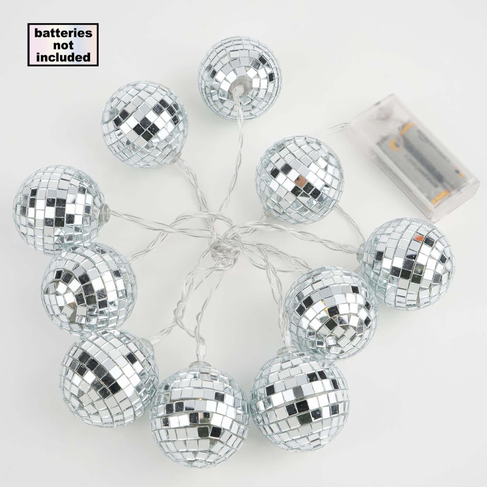 10 LED Silver Disco Mirror Ball String Light Garland 6ft Warm White - Battery Operated Accent Lights - Image 6