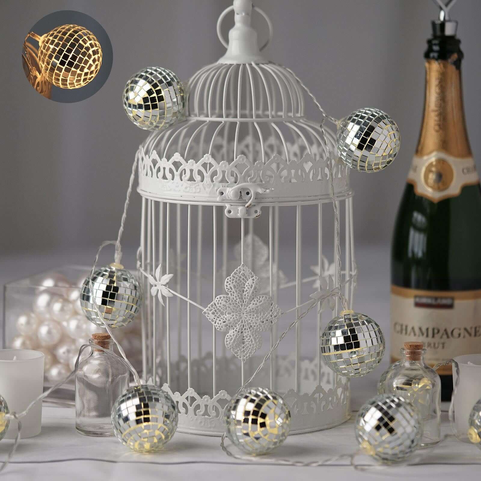 10 LED Silver Disco Mirror Ball String Light Garland 6ft Warm White - Battery Operated Accent Lights - Image 7