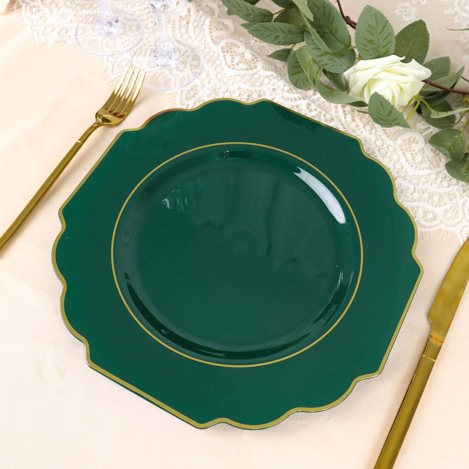 10 Pack Hunter Emerald Green Hard Plastic Dinner Plates, Disposable Tableware, Baroque Heavy Duty Plates with Gold Rim 11" - Image 11