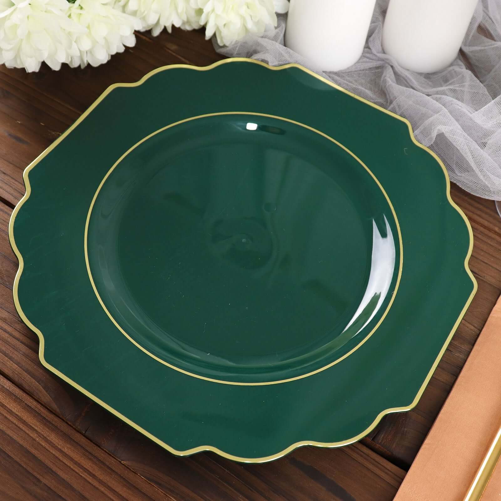 10 Pack Hunter Emerald Green Hard Plastic Dinner Plates, Disposable Tableware, Baroque Heavy Duty Plates with Gold Rim 11" - Image 12