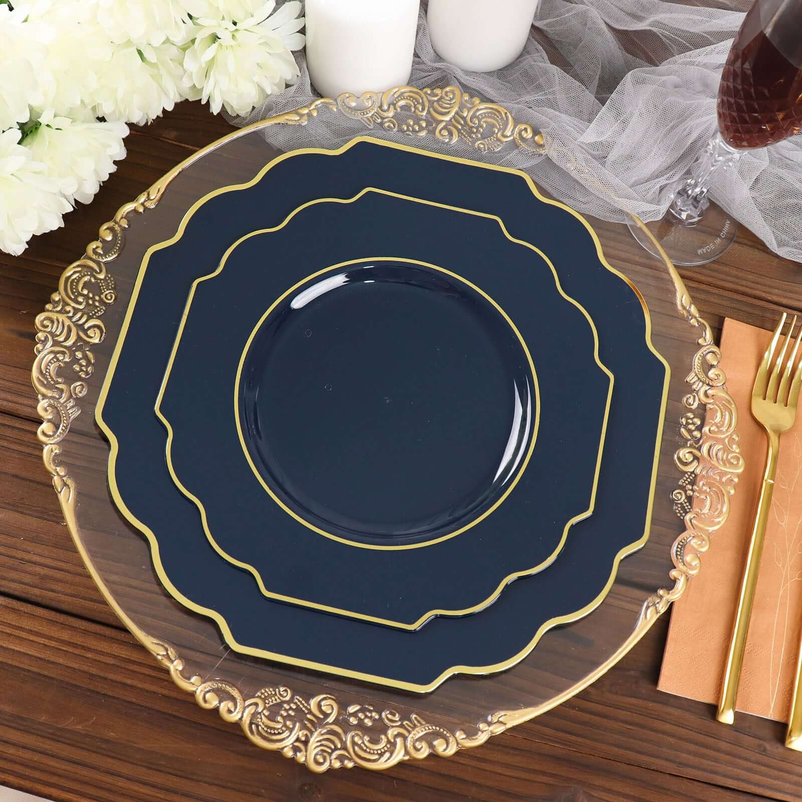 10 Pack Navy Blue Hard Plastic Dinner Plates, Disposable Tableware, Baroque Heavy Duty Plates with Gold Rim 11" - Image 2