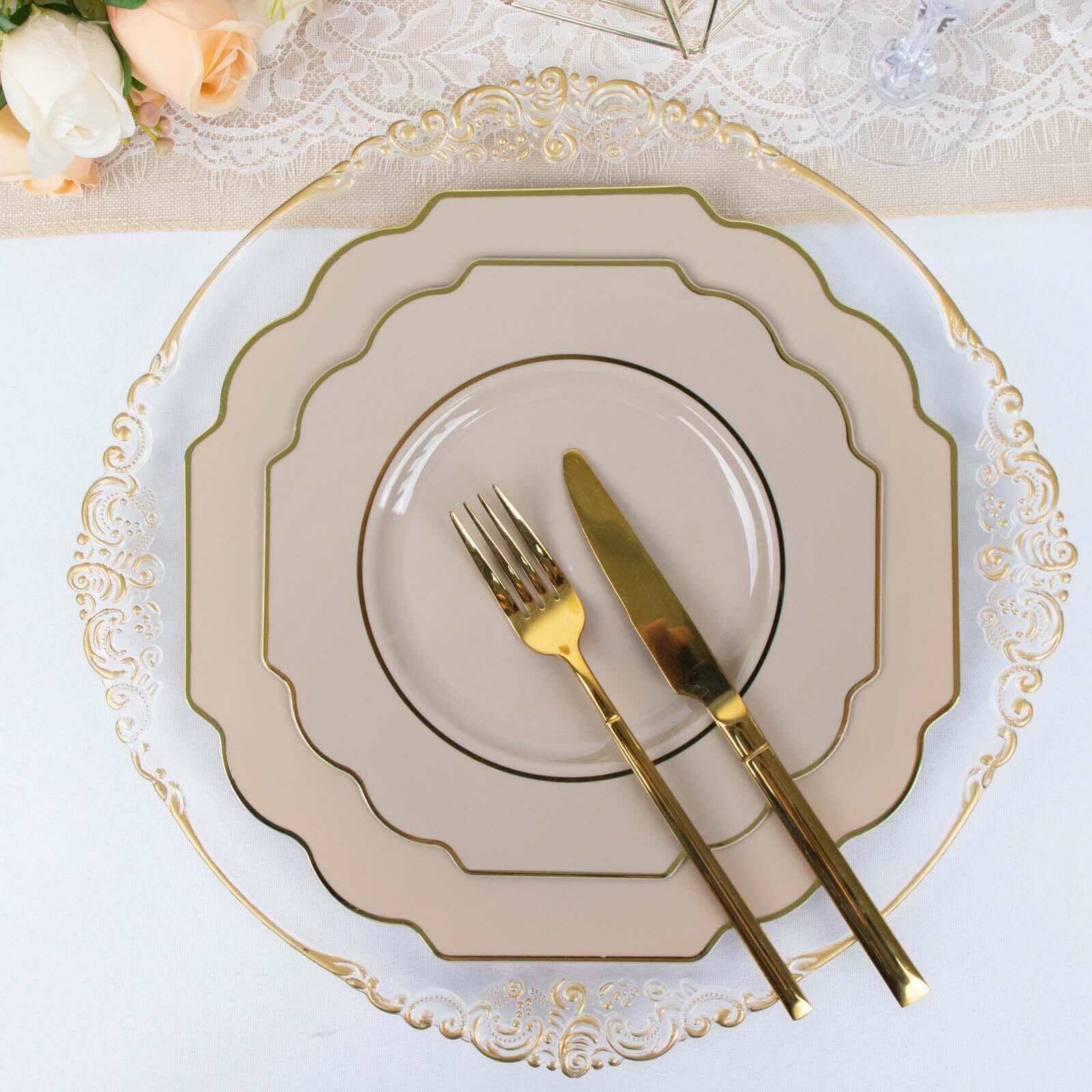 10 Pack Taupe Hard Plastic Baroque Dinner Plates with Gold Rim, Heavy Duty Disposable Dinnerware 11" - Image 2