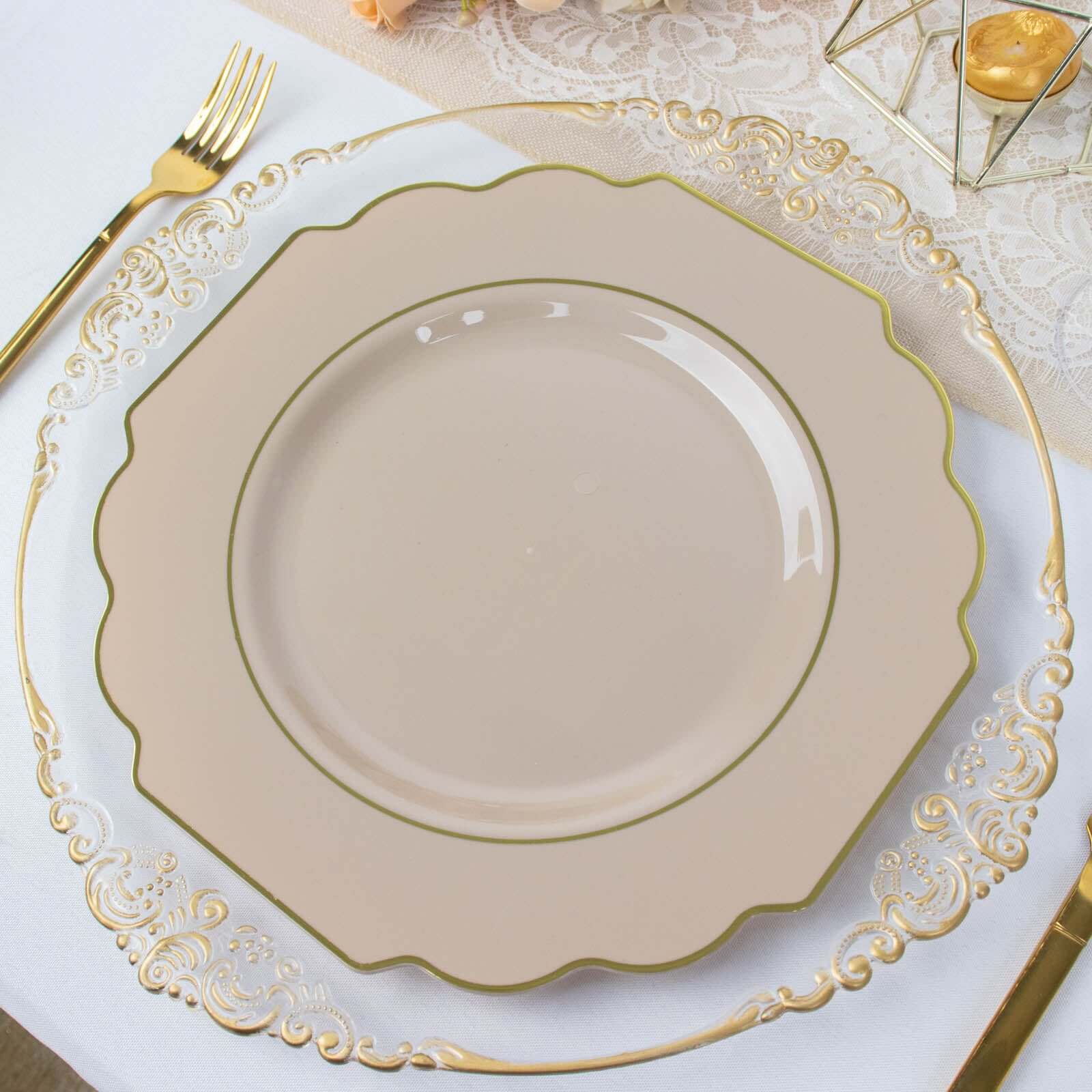 10 Pack Taupe Hard Plastic Baroque Dinner Plates with Gold Rim, Heavy Duty Disposable Dinnerware 11" - Image 6