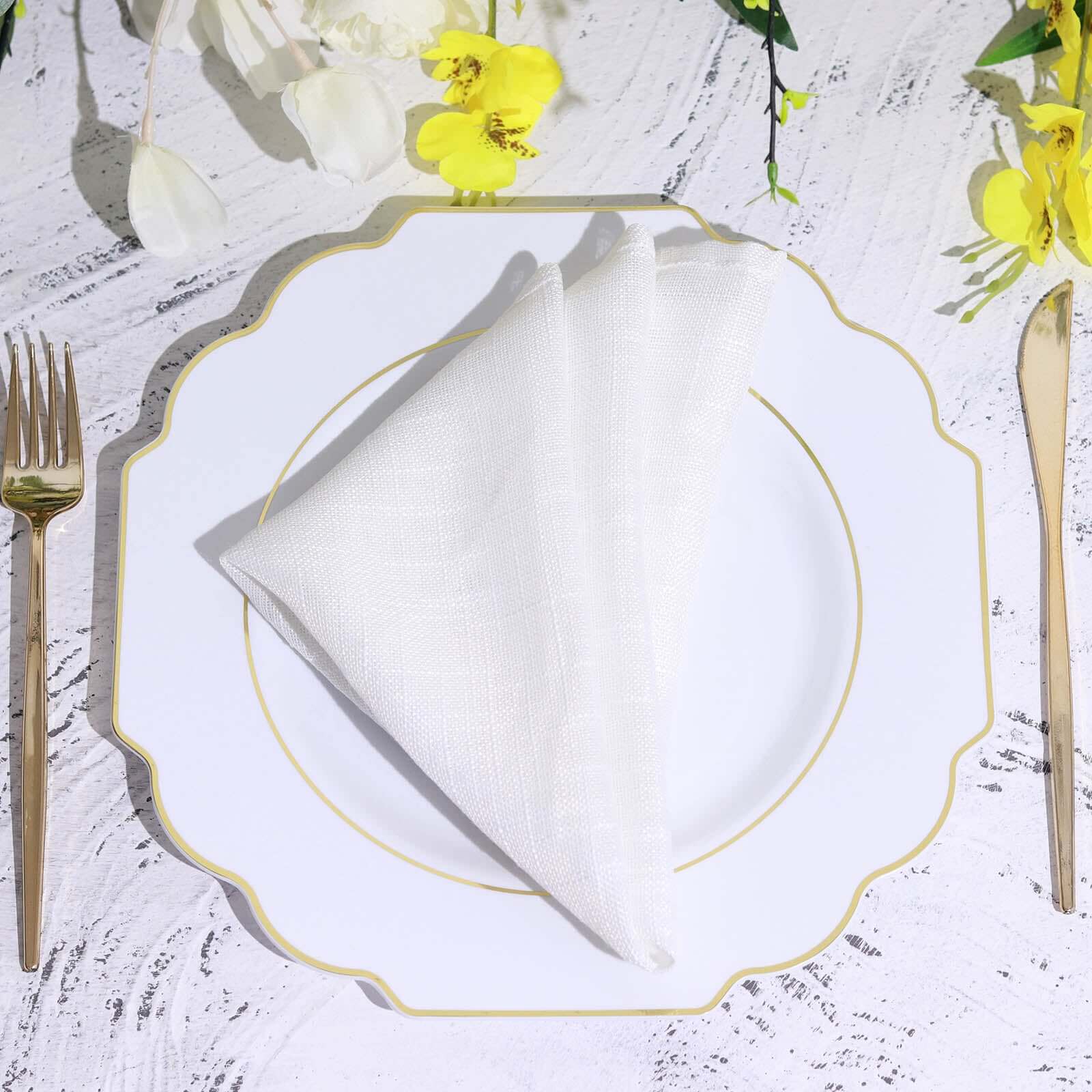 10 Pack White Hard Plastic Dinner Plates, Disposable Tableware, Baroque Heavy Duty Plates with Gold Rim 11" - Image 2
