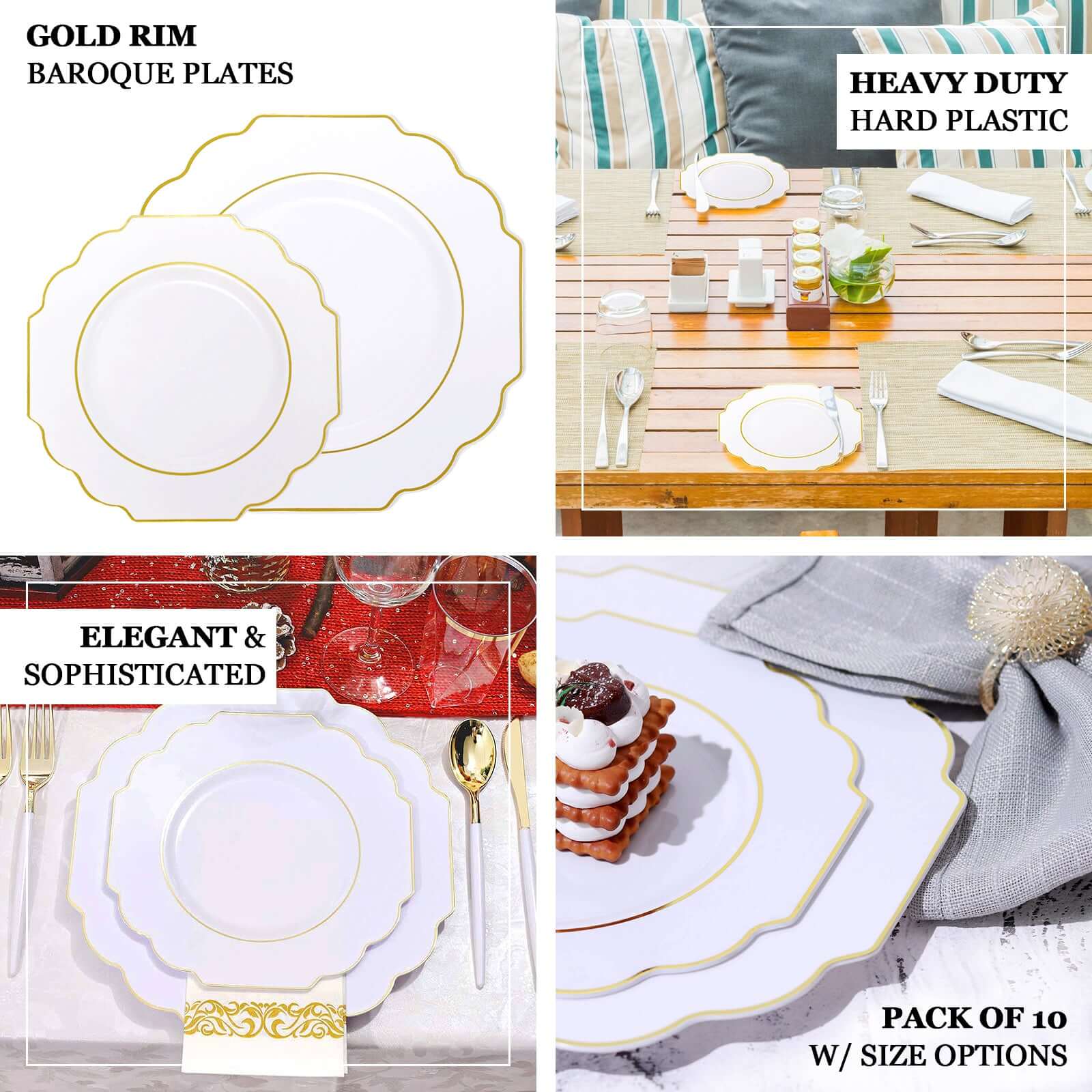 10 Pack White Hard Plastic Dinner Plates, Disposable Tableware, Baroque Heavy Duty Plates with Gold Rim 11" - Image 4