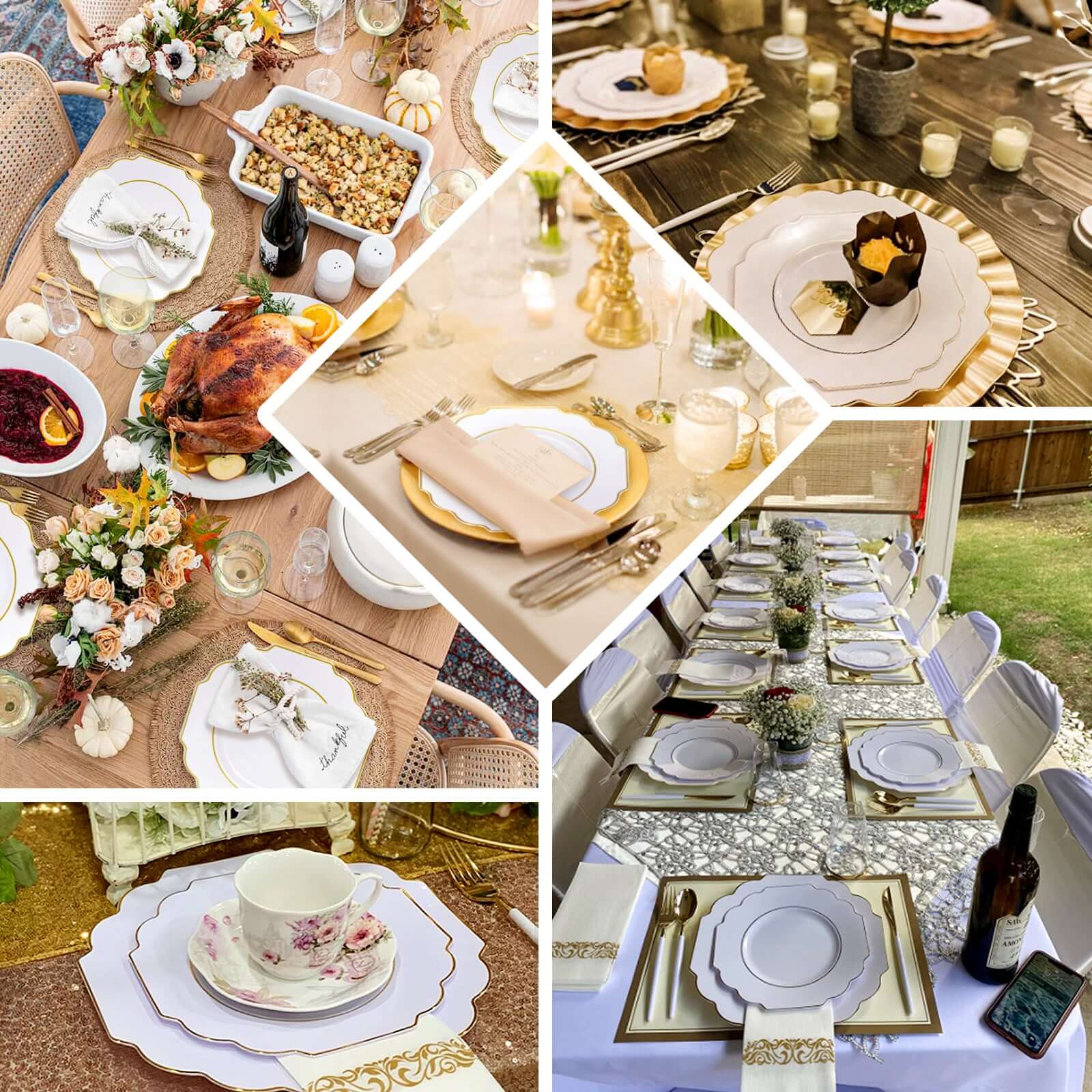 10 Pack White Hard Plastic Dinner Plates, Disposable Tableware, Baroque Heavy Duty Plates with Gold Rim 11" - Image 5