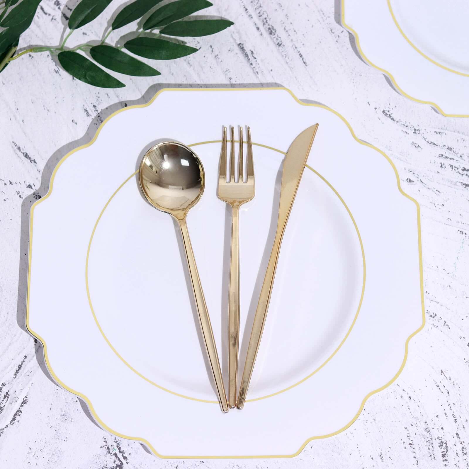 10 Pack White Hard Plastic Dinner Plates, Disposable Tableware, Baroque Heavy Duty Plates with Gold Rim 11" - Image 6