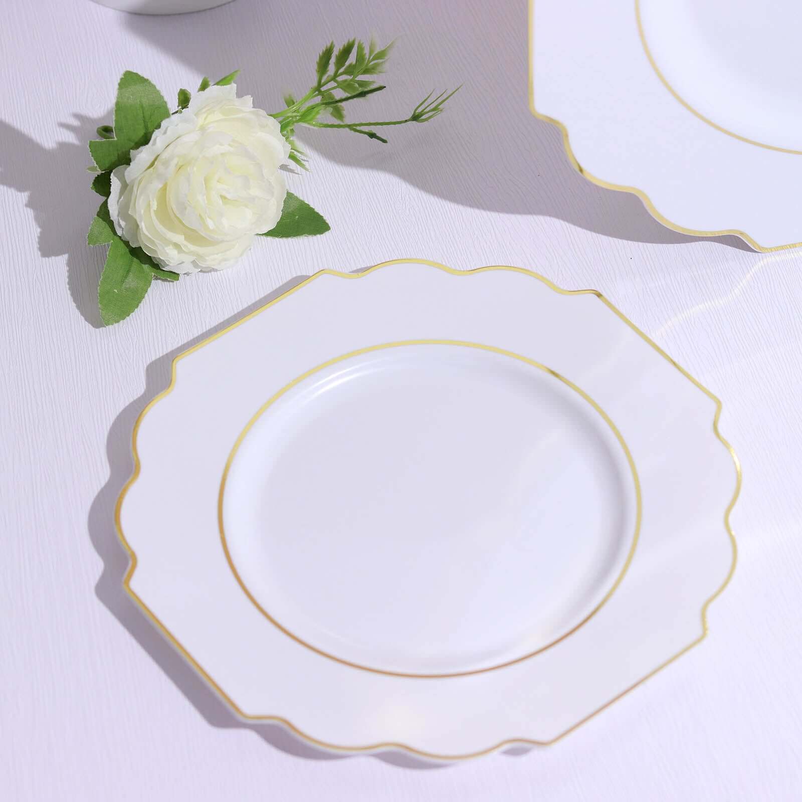 10 Pack White Hard Plastic Dinner Plates, Disposable Tableware, Baroque Heavy Duty Plates with Gold Rim 11" - Image 8
