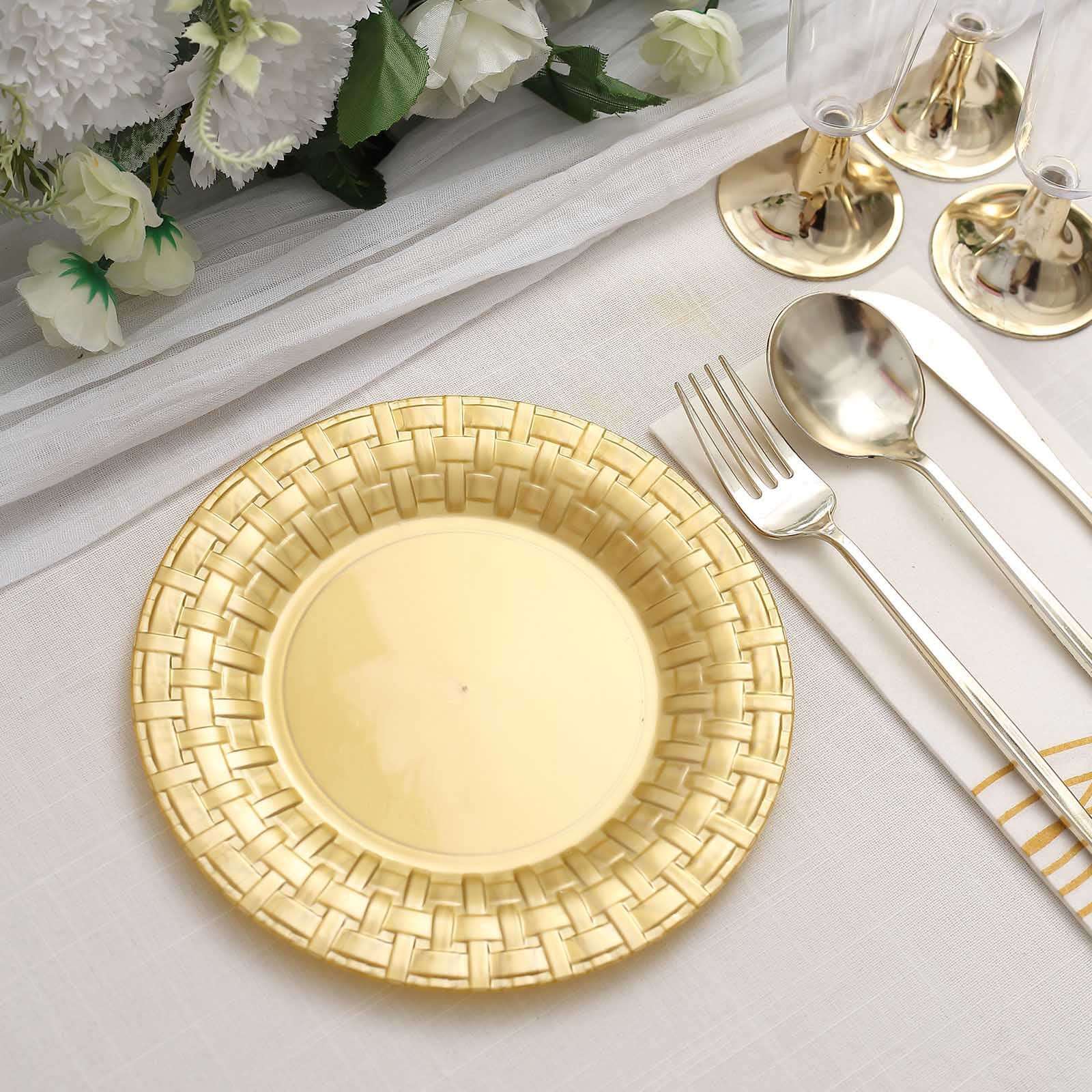 10 Pack Gold Basketweave Rim Plastic Salad Dessert Plates, Round Disposable Appetizer Plates 7" - Image 9