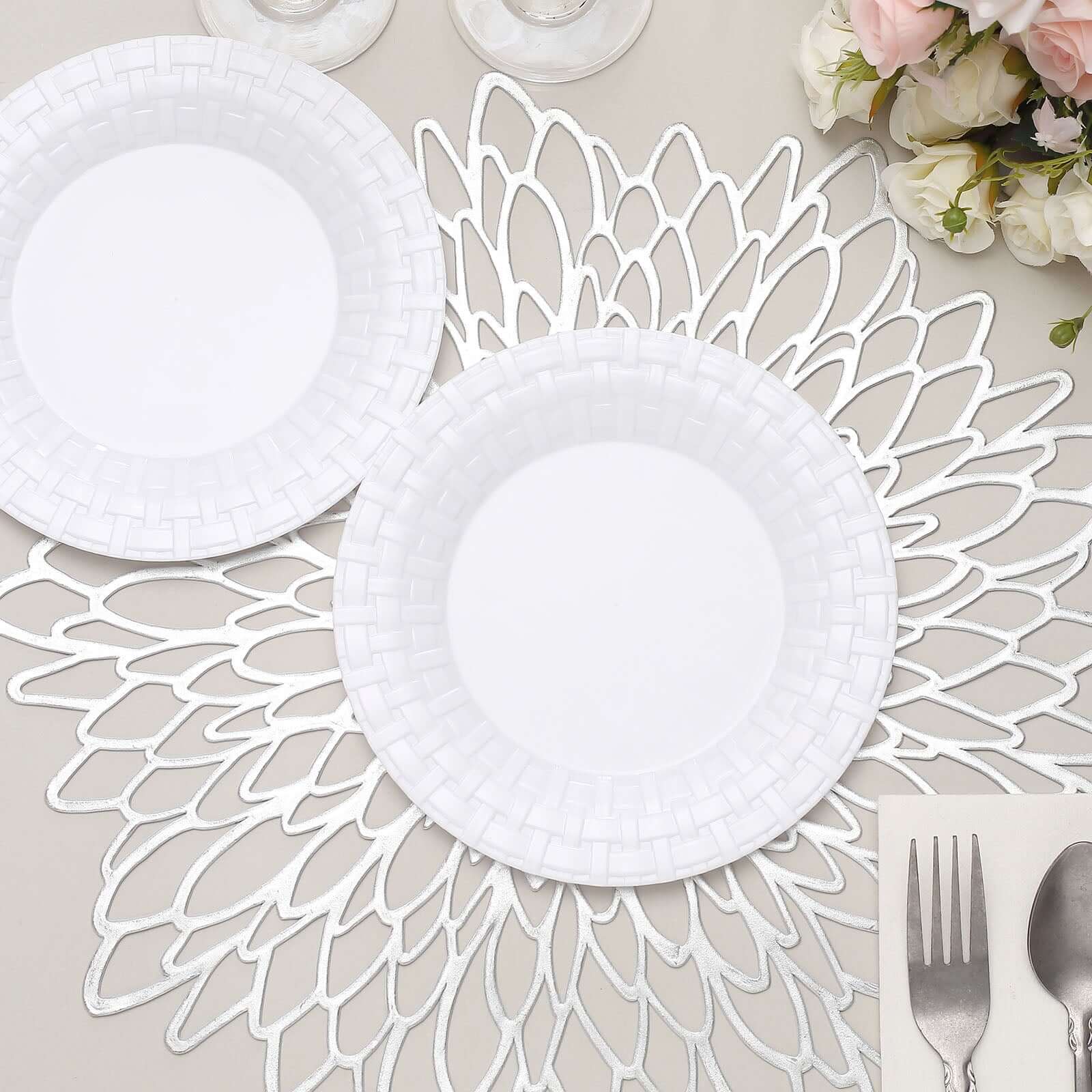 10 Pack White Basketweave Rim Plastic Salad Dessert Plates, Round Disposable Appetizer Plates 7" - Image 10