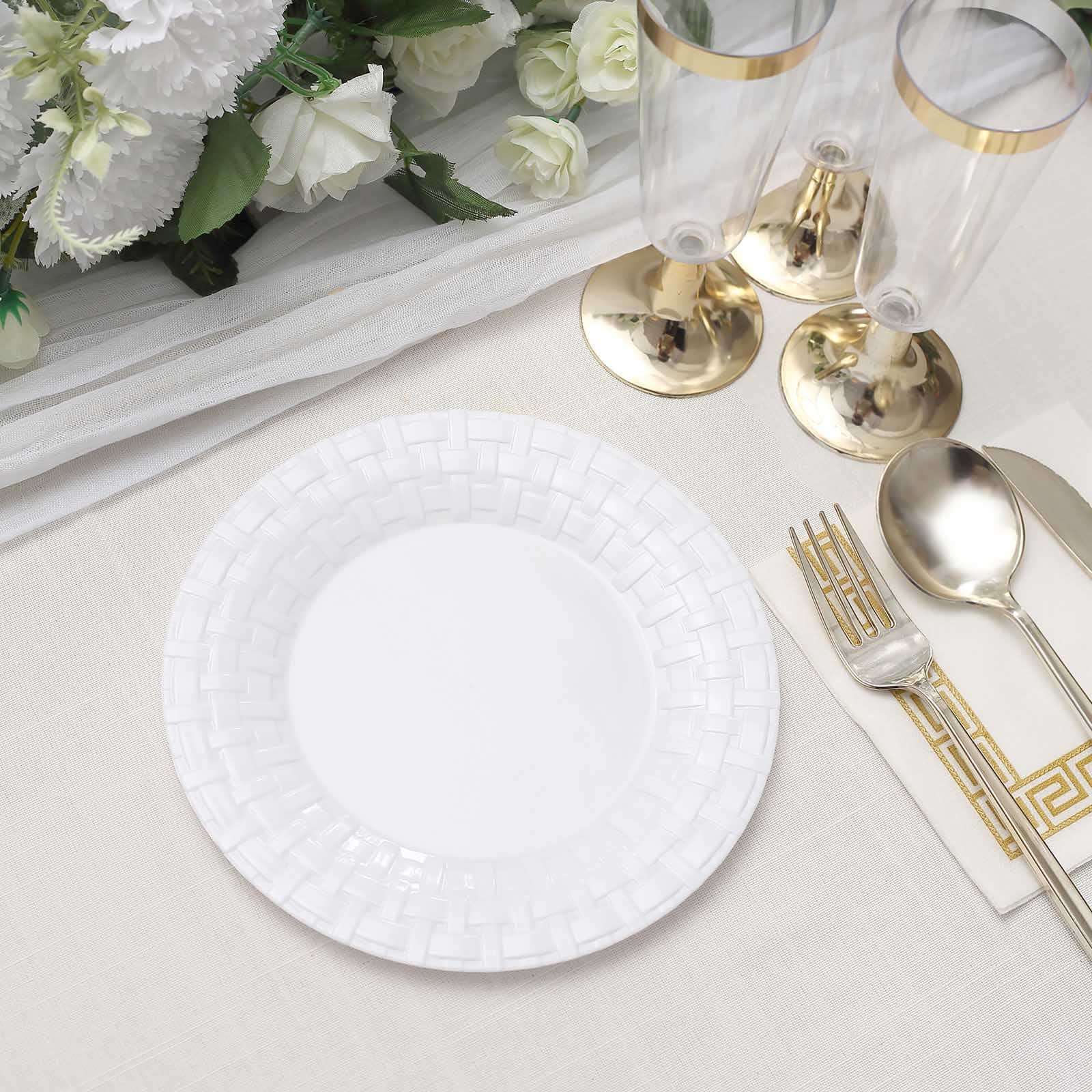10 Pack White Basketweave Rim Plastic Salad Dessert Plates, Round Disposable Appetizer Plates 7" - Image 9
