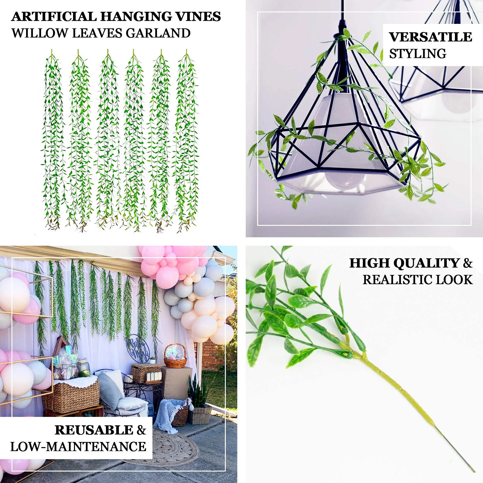 10 Pack Artificial Weeping Willow Leaves Hanging Vines with Stems, Fake Ivy Greenery Garland for Backdrop Wall Decor - 3.5ft - Image 3