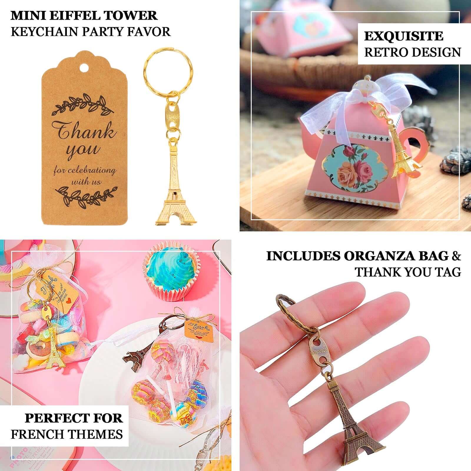 10 Pack Bronze Plastic Paris Eiffel Tower Keychain Party Favor, Wedding Bridal Shower Souvenirs With Thank You Tag - 4" - Image 4