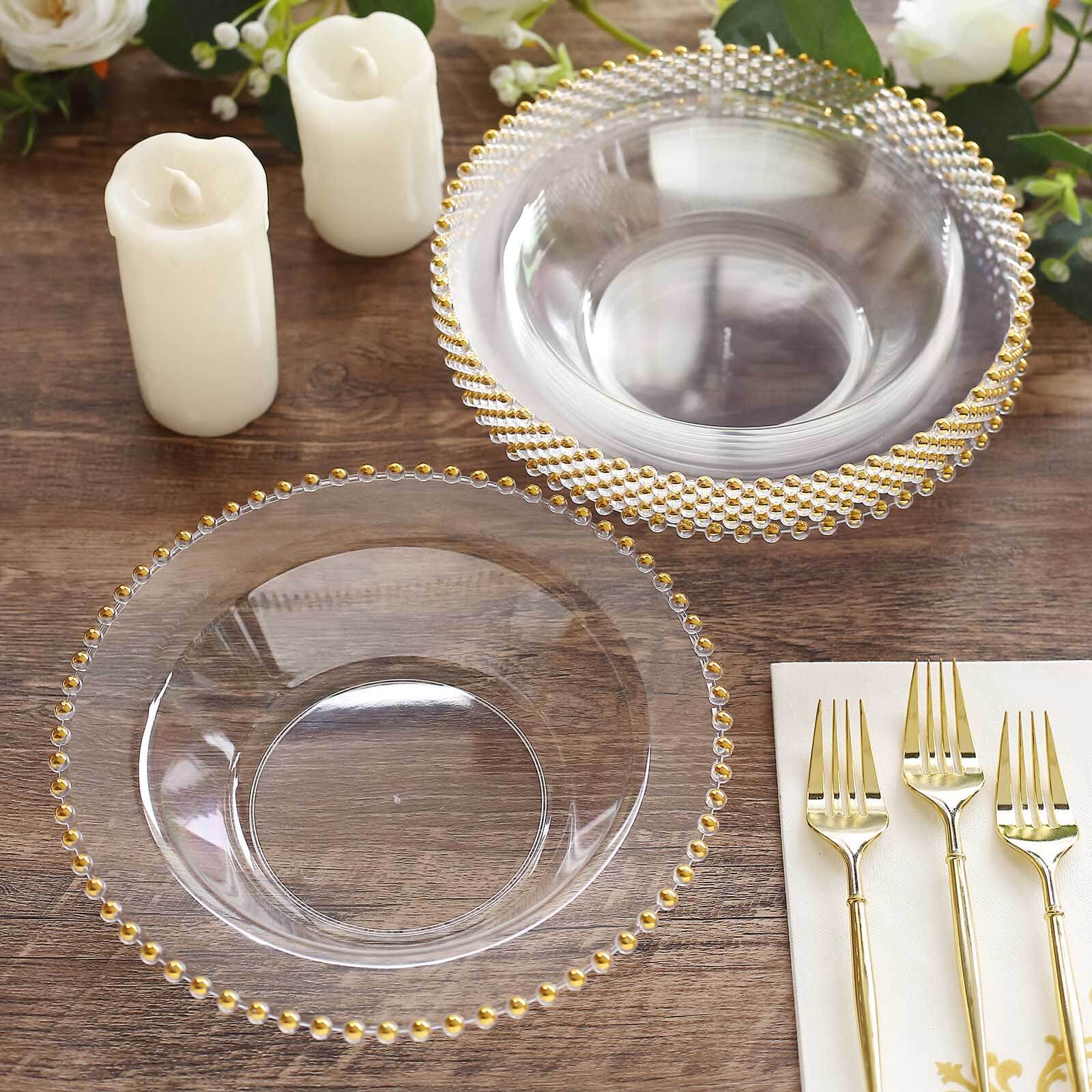 10-Pack Clear Plastic Soup Bowls 12oz, Gold Beaded Rim Round Design - Disposable Dessert Salad Bowls