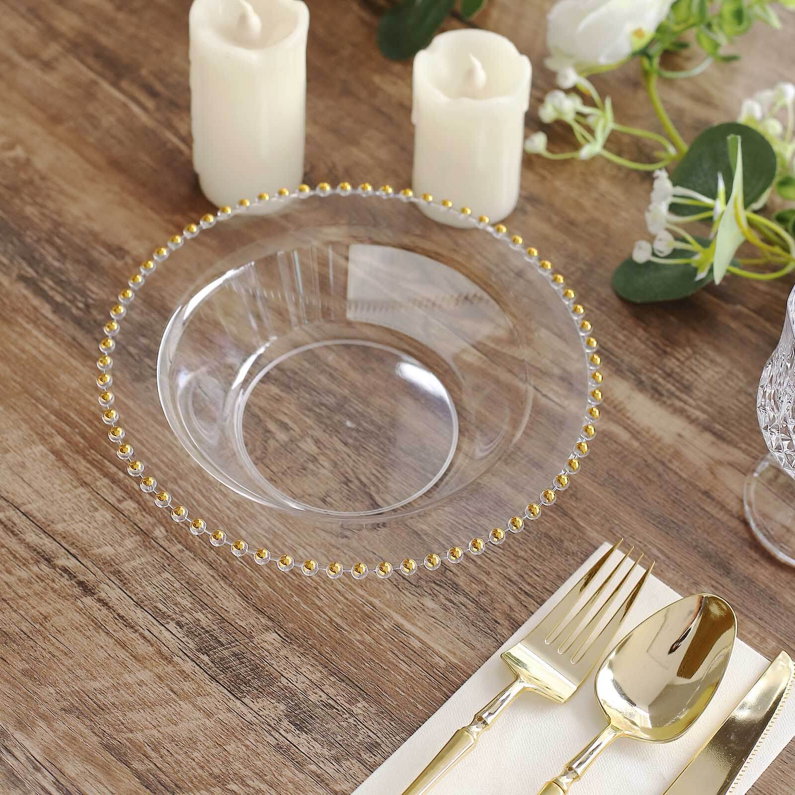 10-Pack Clear Plastic Soup Bowls 12oz, Gold Beaded Rim Round Design - Disposable Dessert Salad Bowls - Image 6