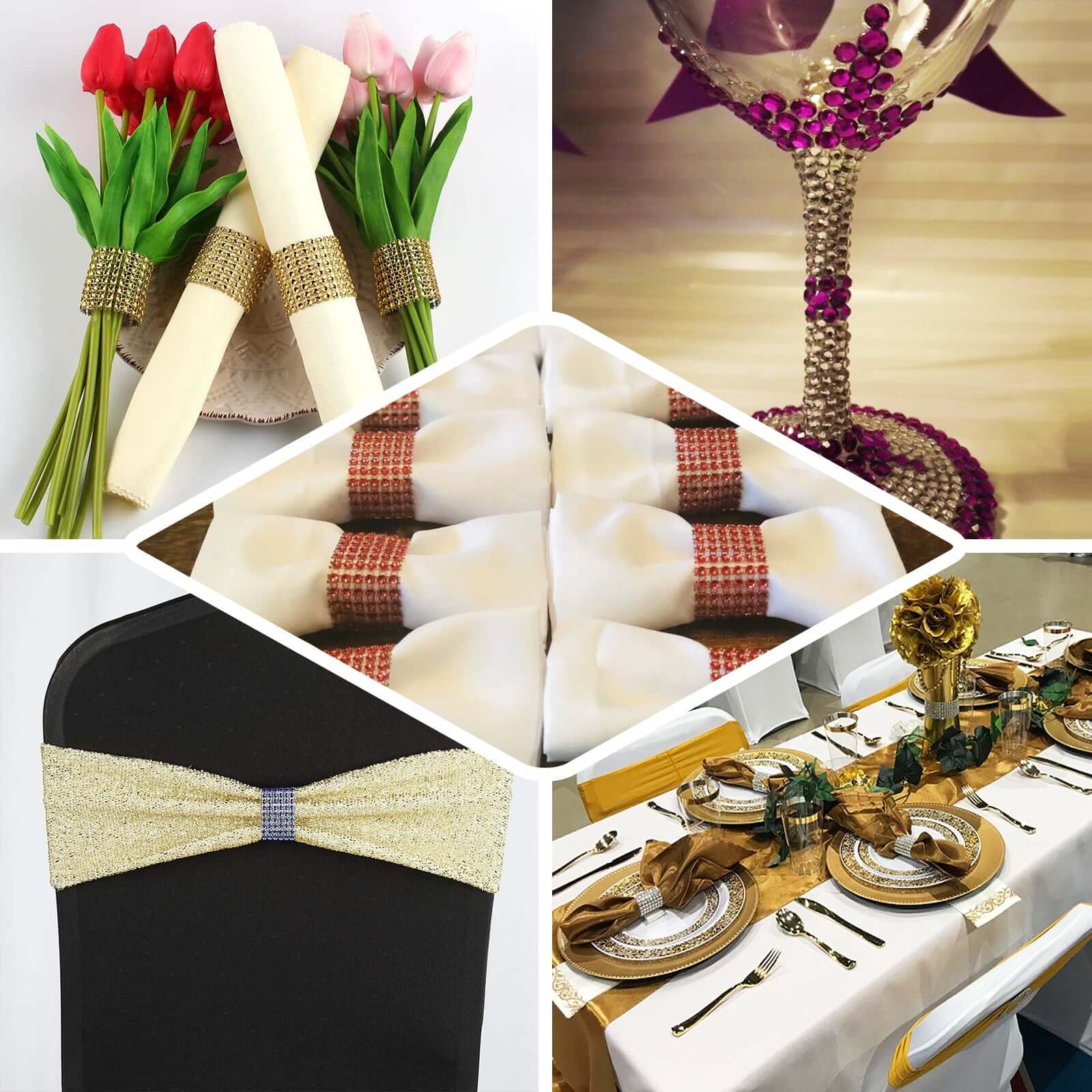 10 Pack Diamond Rhinestone Napkin Rings Champagne - Velcro Brooch Buckle for Chair Sashes - Image 4