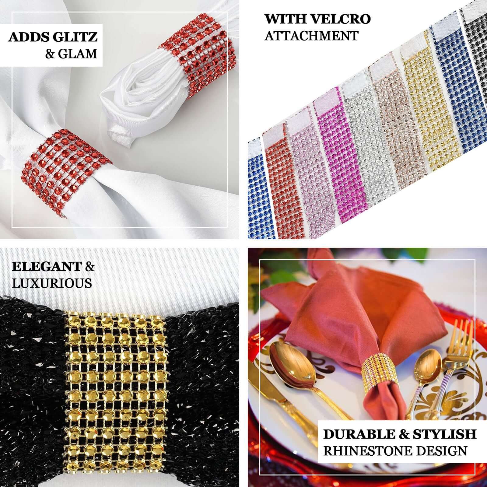 10 Pack Diamond Rhinestone Napkin Rings Gold - Velcro Brooch Buckle for Chair Sashes - Image 7